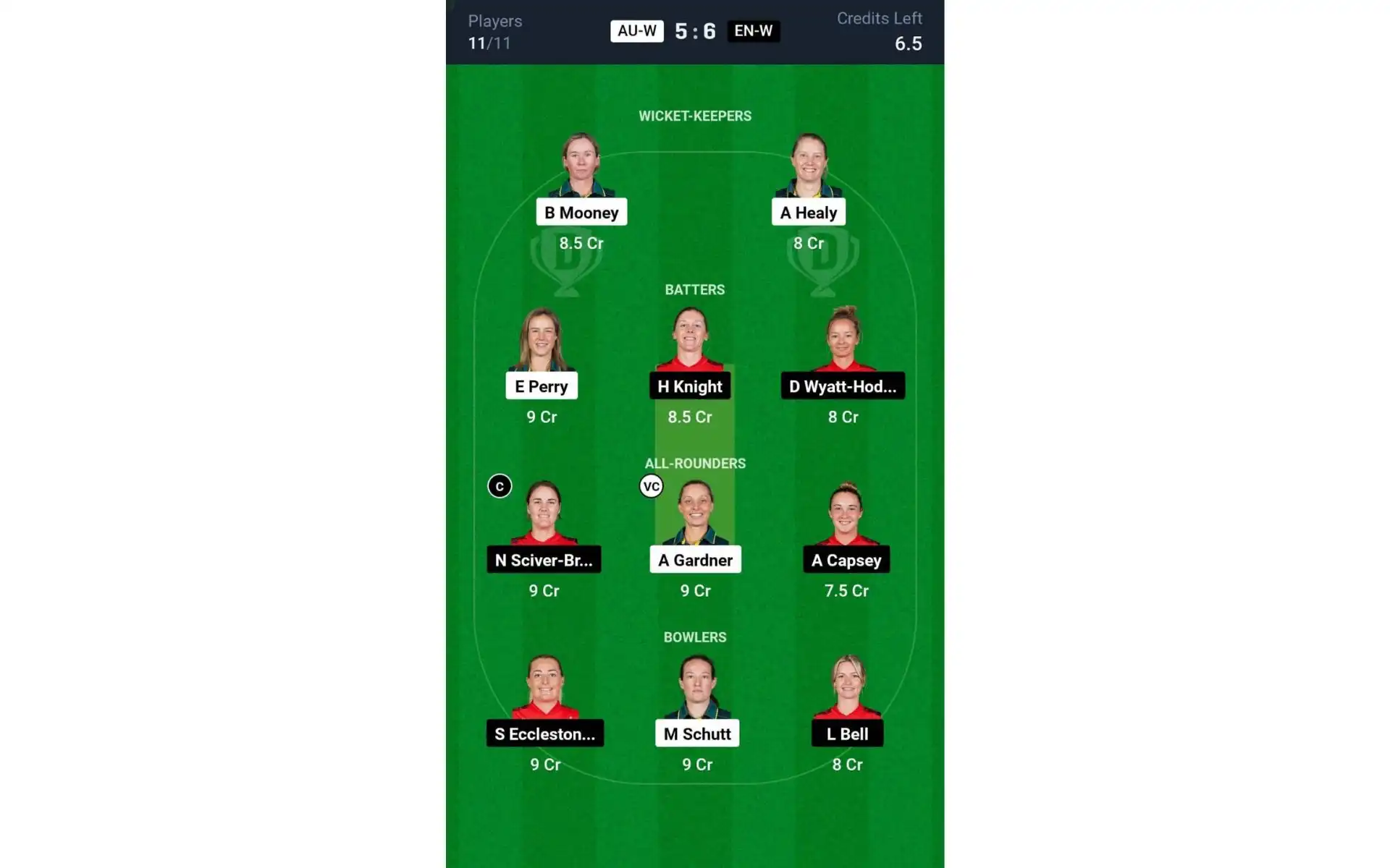 AU-W vs EN-W 1st T20I: Dream11 Team 1 [Source: @Dream11 App]