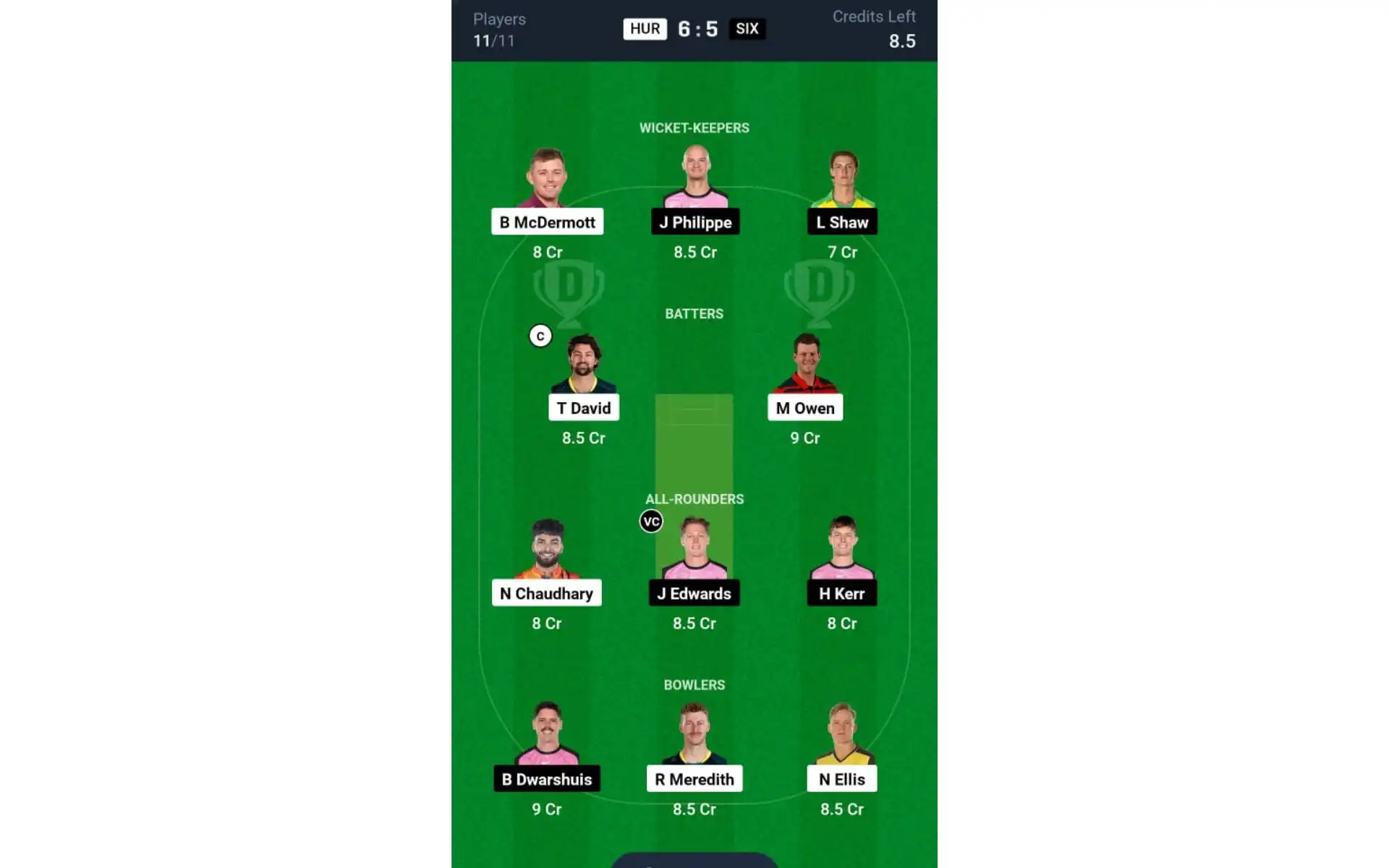 HUR vs SIX, BBL 2024-25: Dream11 Team 1 [Source: Dream11 App]
