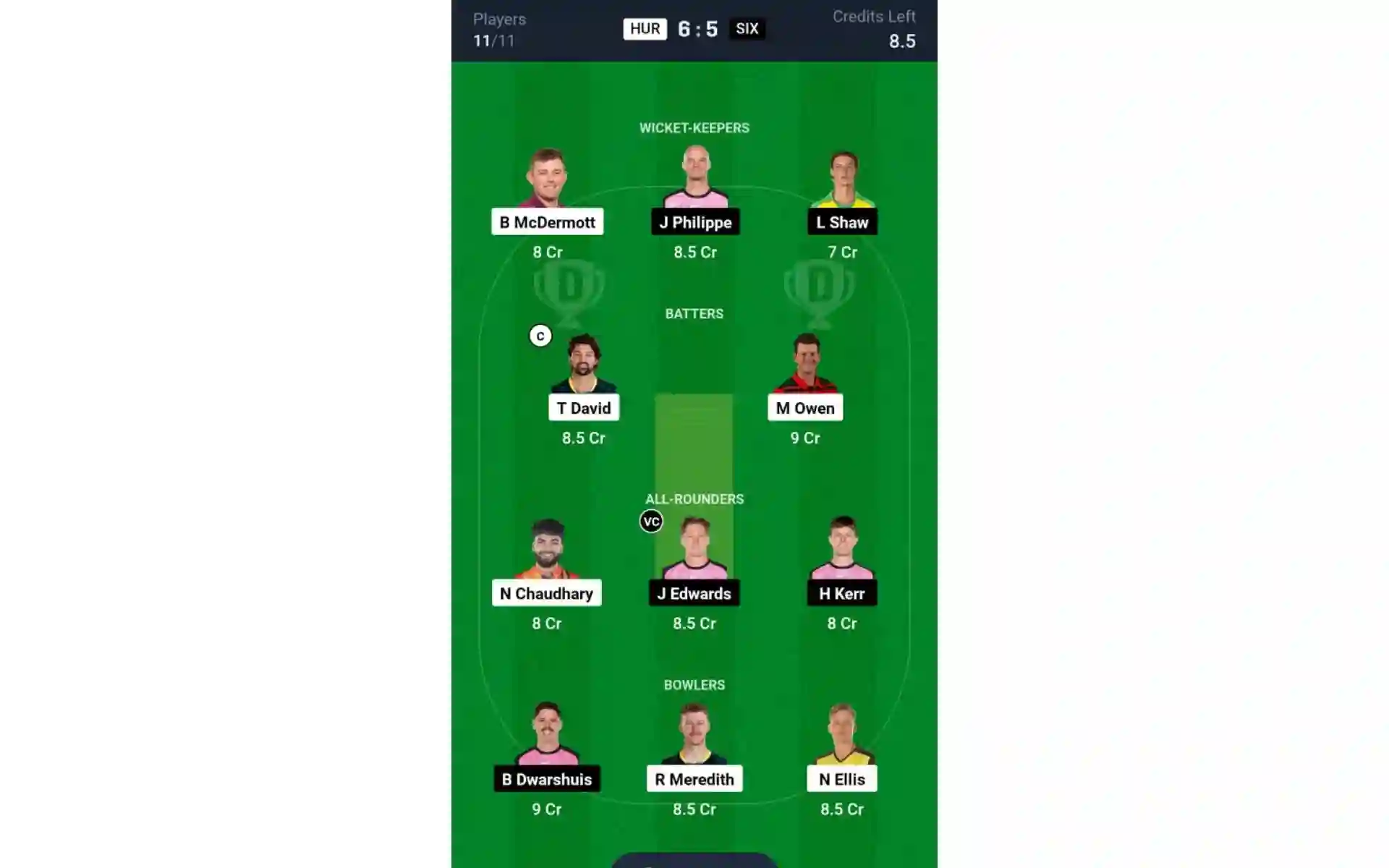 HUR vs SIX, BBL 2024-25: Dream11 Team 1 [Source: Dream11 App]
