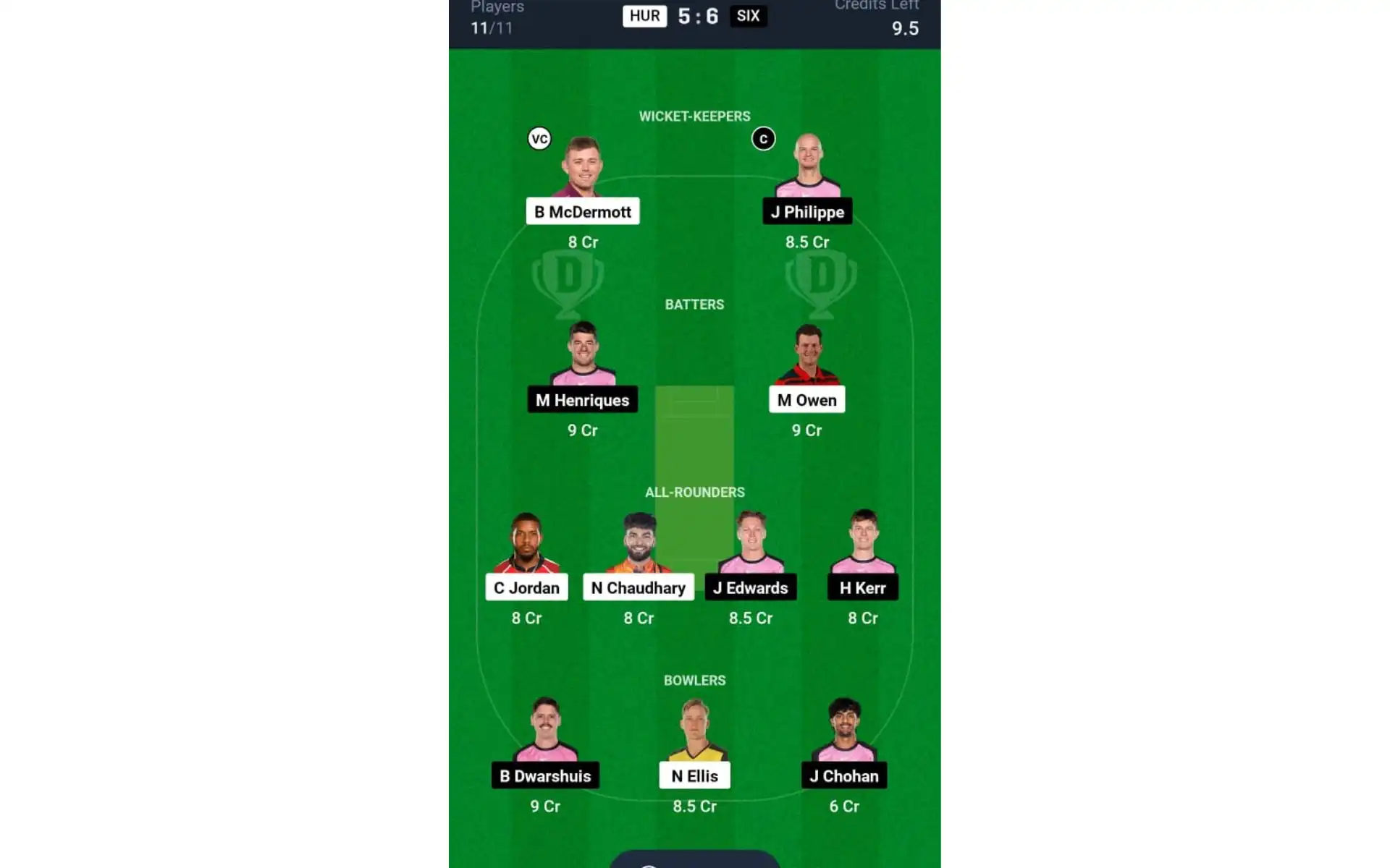HUR vs SIX, BBL 2024-25: Dream11 Team 2 [Source: Dream11 App]