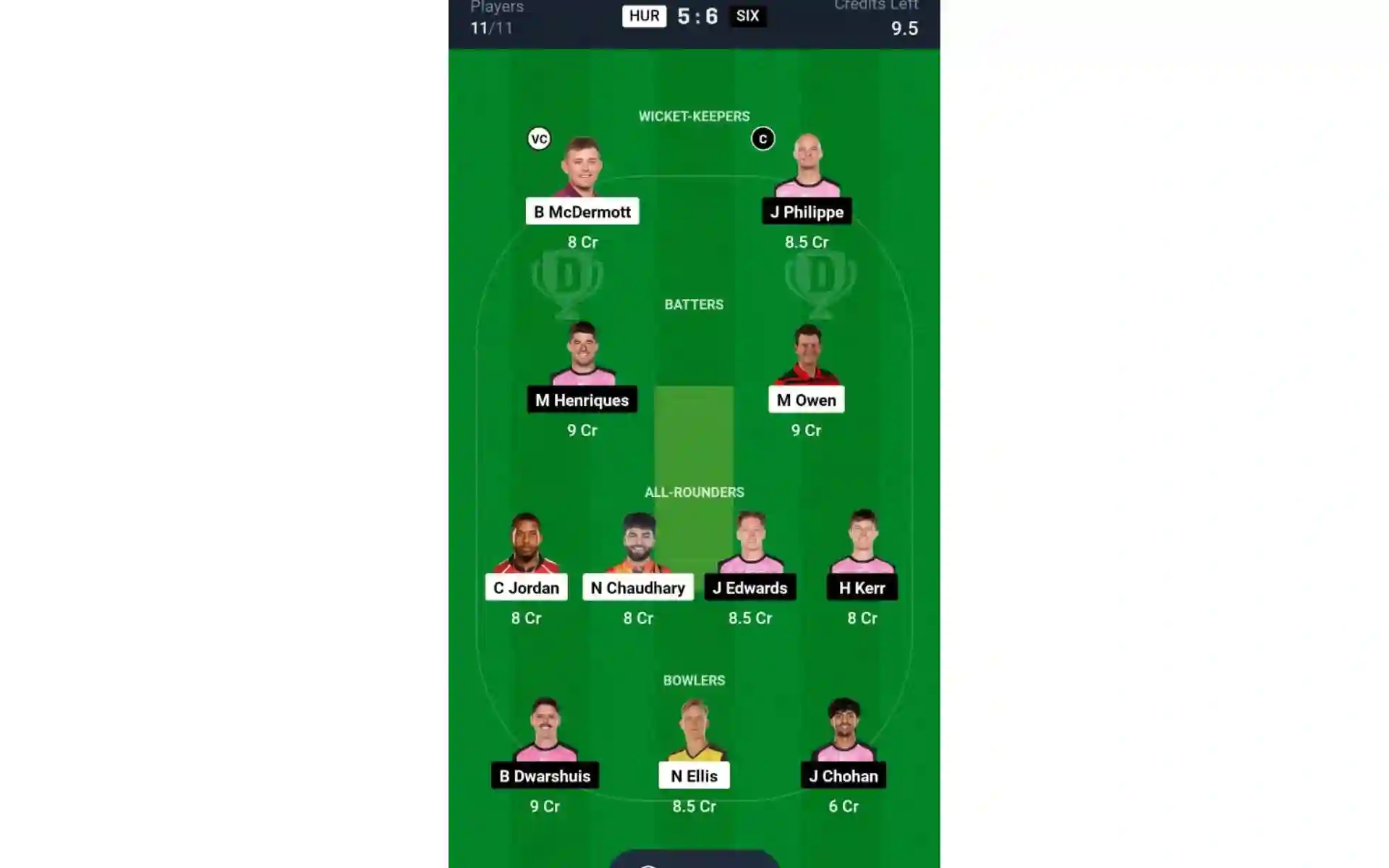 HUR vs SIX, BBL 2024-25: Dream11 Team 2 [Source: Dream11 App]