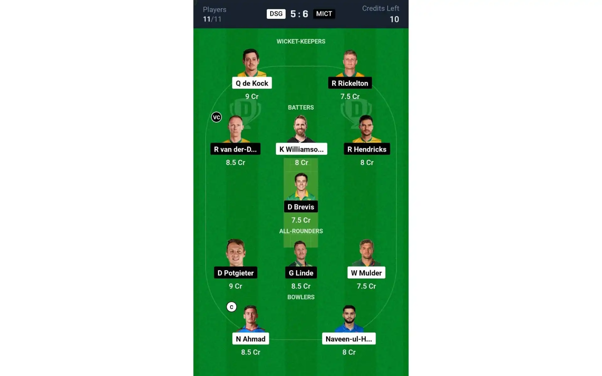DSG vs MICT, SA20 2025: Dream11 Team 1 [Source: @Dream11 App]