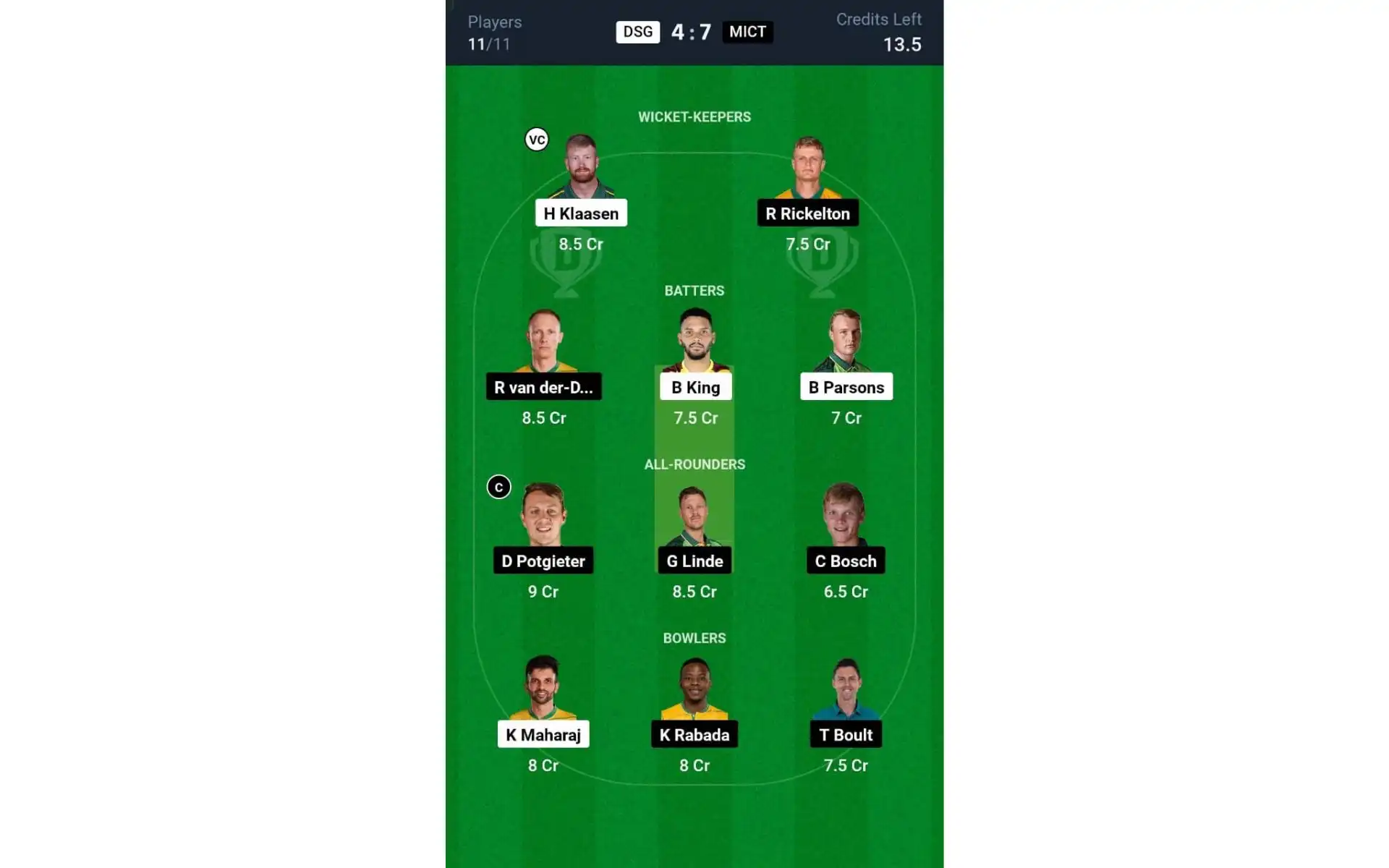 DSG vs MICT, SA20 2025: Dream11 Team 2 [Source: @Dream11 App]