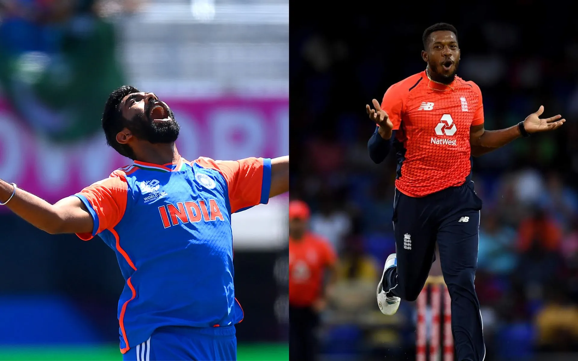 Jasprit Bumrah and Chris Jordan (Source: @BCCI/X.com, @englandcricket/X.com)