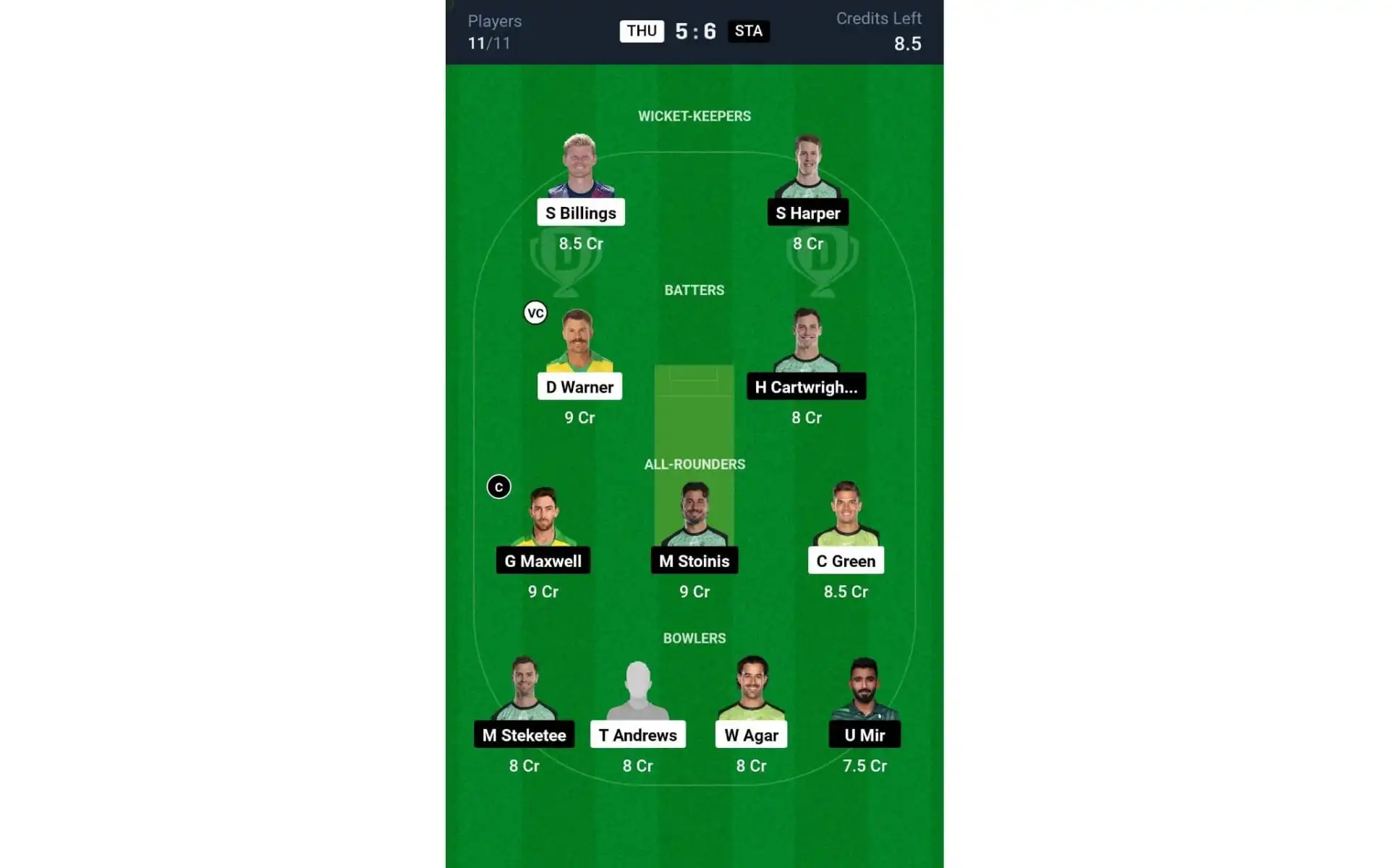 THU vs STA, BBL 2024-25: Dream11 Team 1 [Source: @Dream11 App]