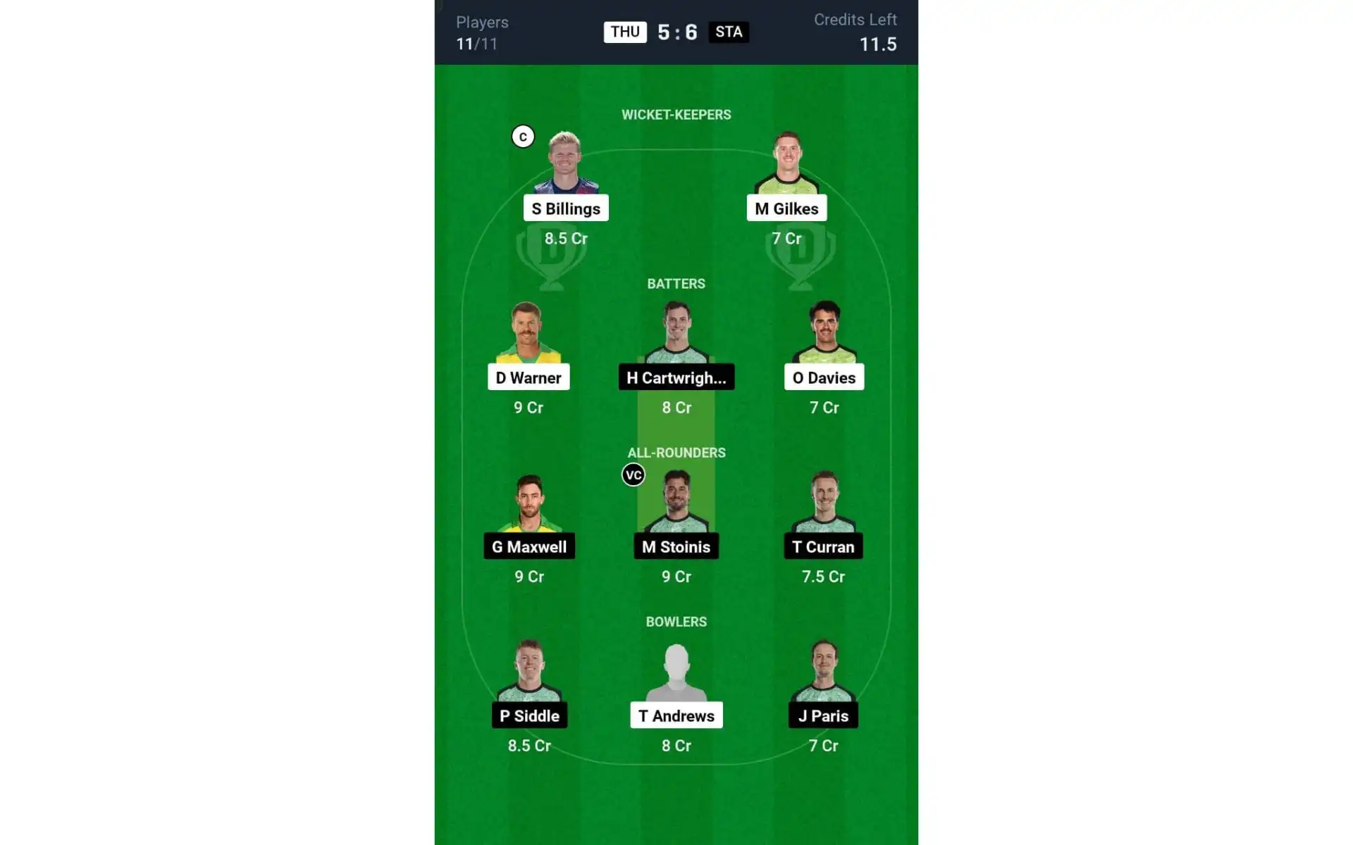 THU vs STA, BBL 2024-25: Dream11 Team 2 [Source: @Dream11 App]