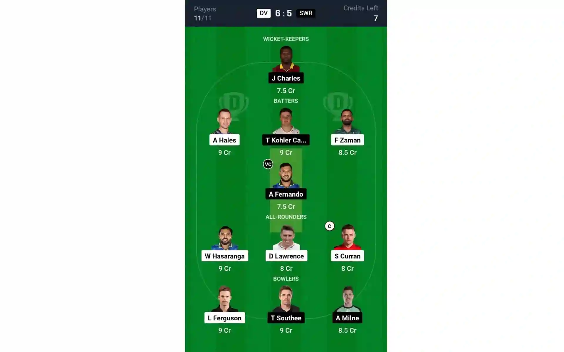 DV vs SWR, ILT20 2025: Dream11 Team 1 [Source: @Dream11 App]