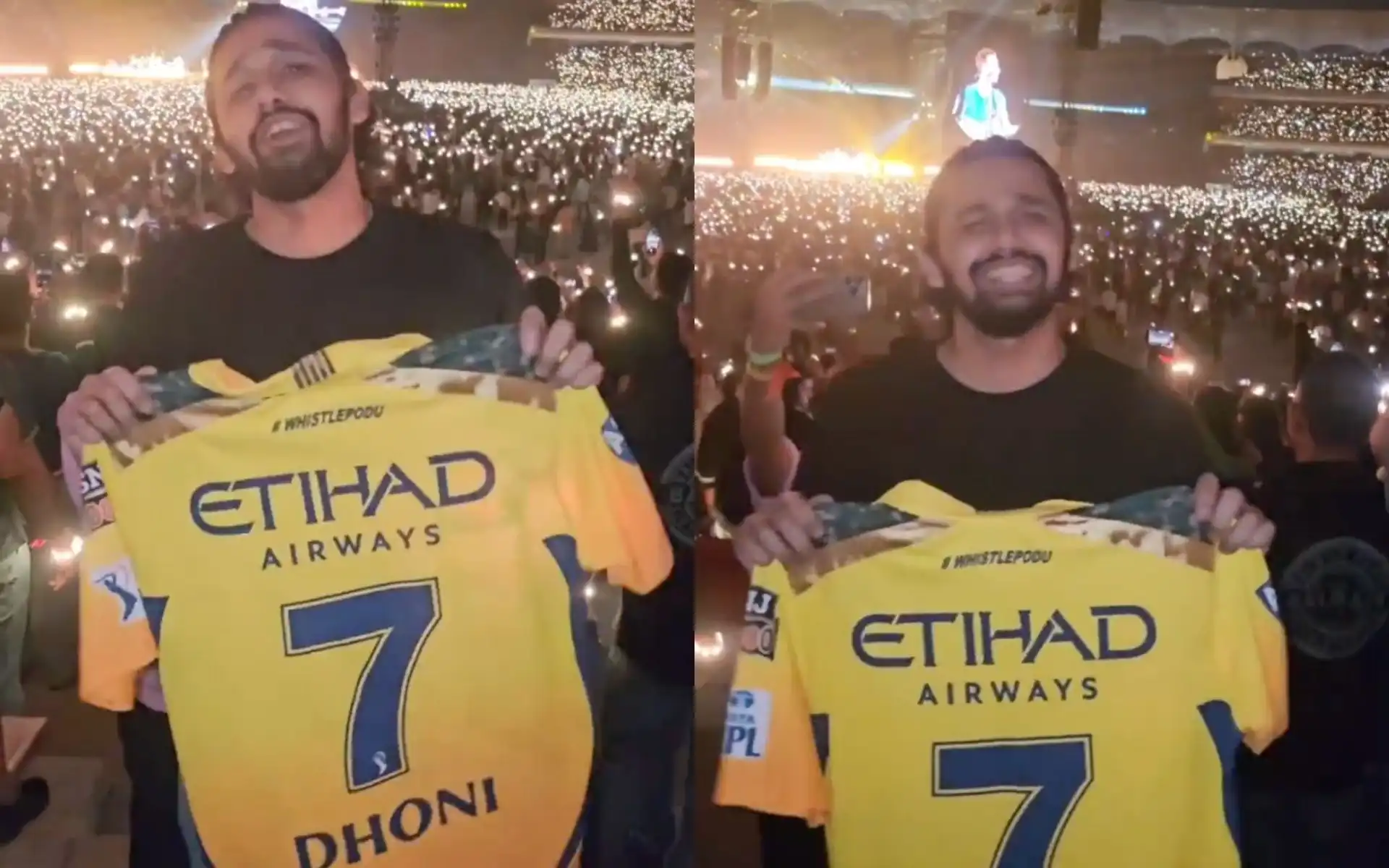 MS Dhoni fan at Coldplay concert [Source: @OneCricketApp/X.com]