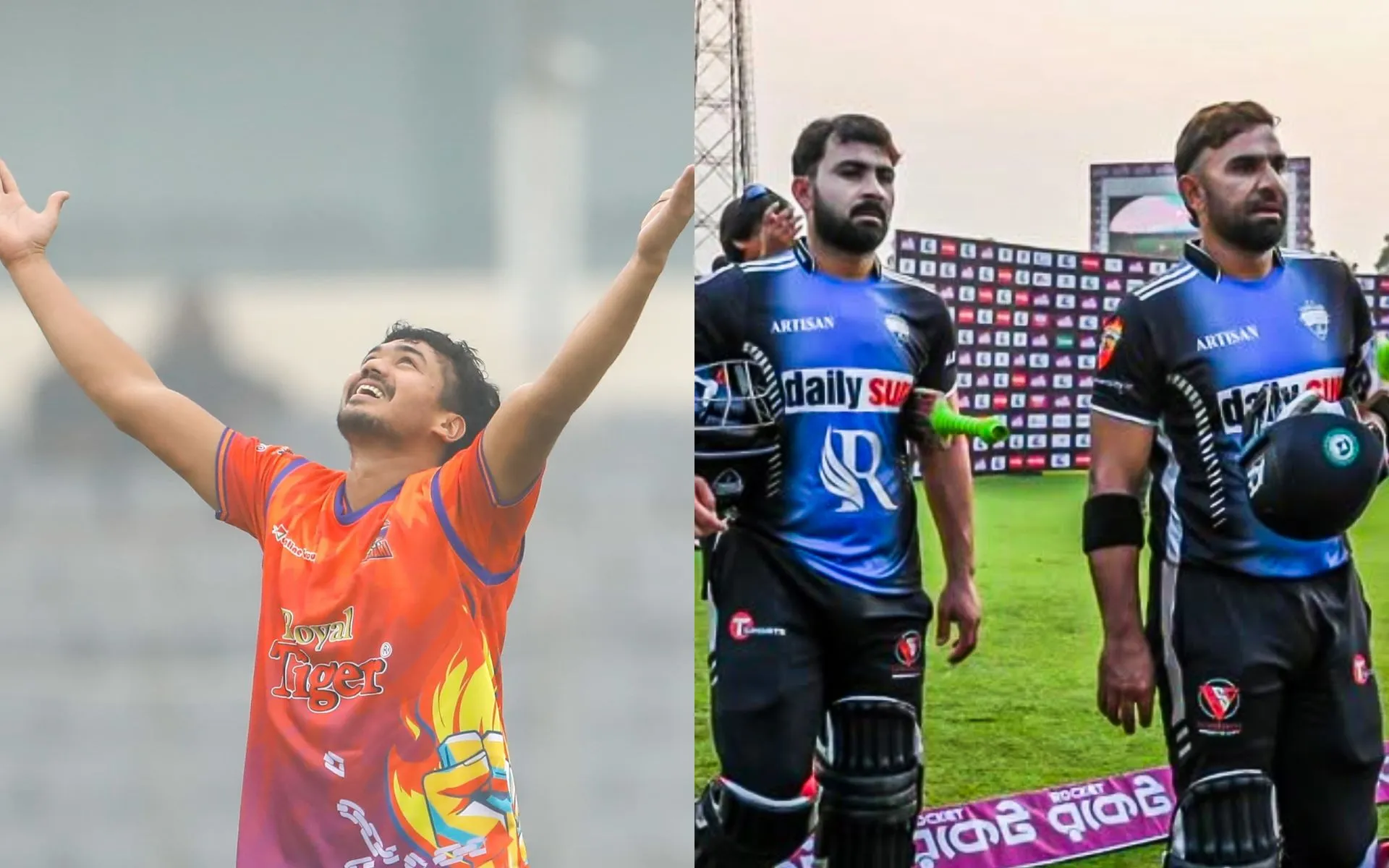 Taskin Ahmed, Khushdil Shah and Iftikhar Ahmed (Source: @MominulCric/X.com, @PakPassion/X.com)