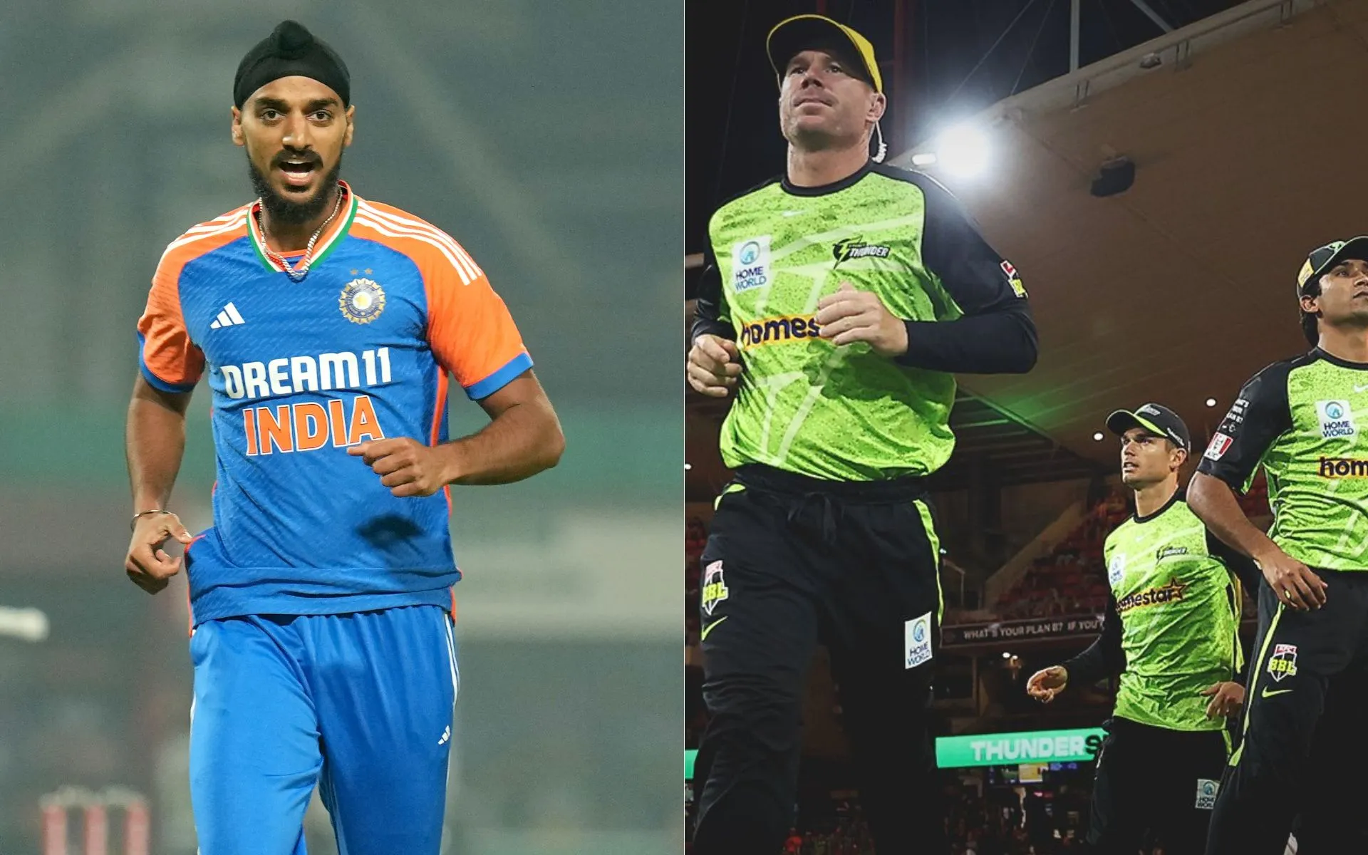 Arshdeep Singh and Sydney Thunder players [Source: @BCCI, @ThunderBBL/x]