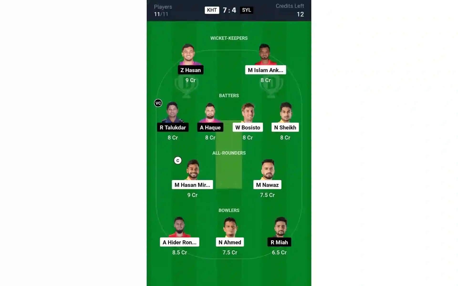 KHT vs SYL, BPL 2024-25: Dream11 Team 1 [Source: @Dream11 App]