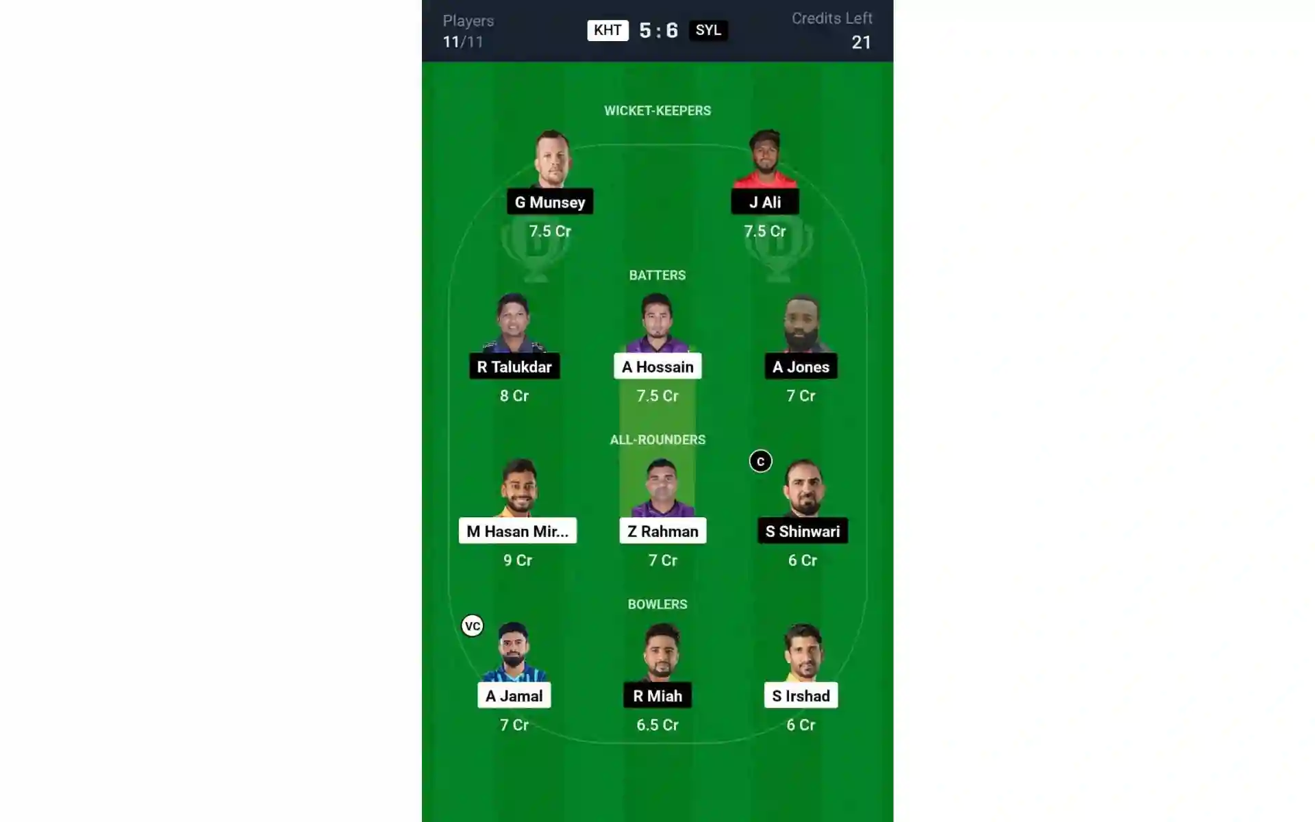KHT vs SYL, BPL 2024-25: Dream11 Team 2 [Source: @Dream11 App]
