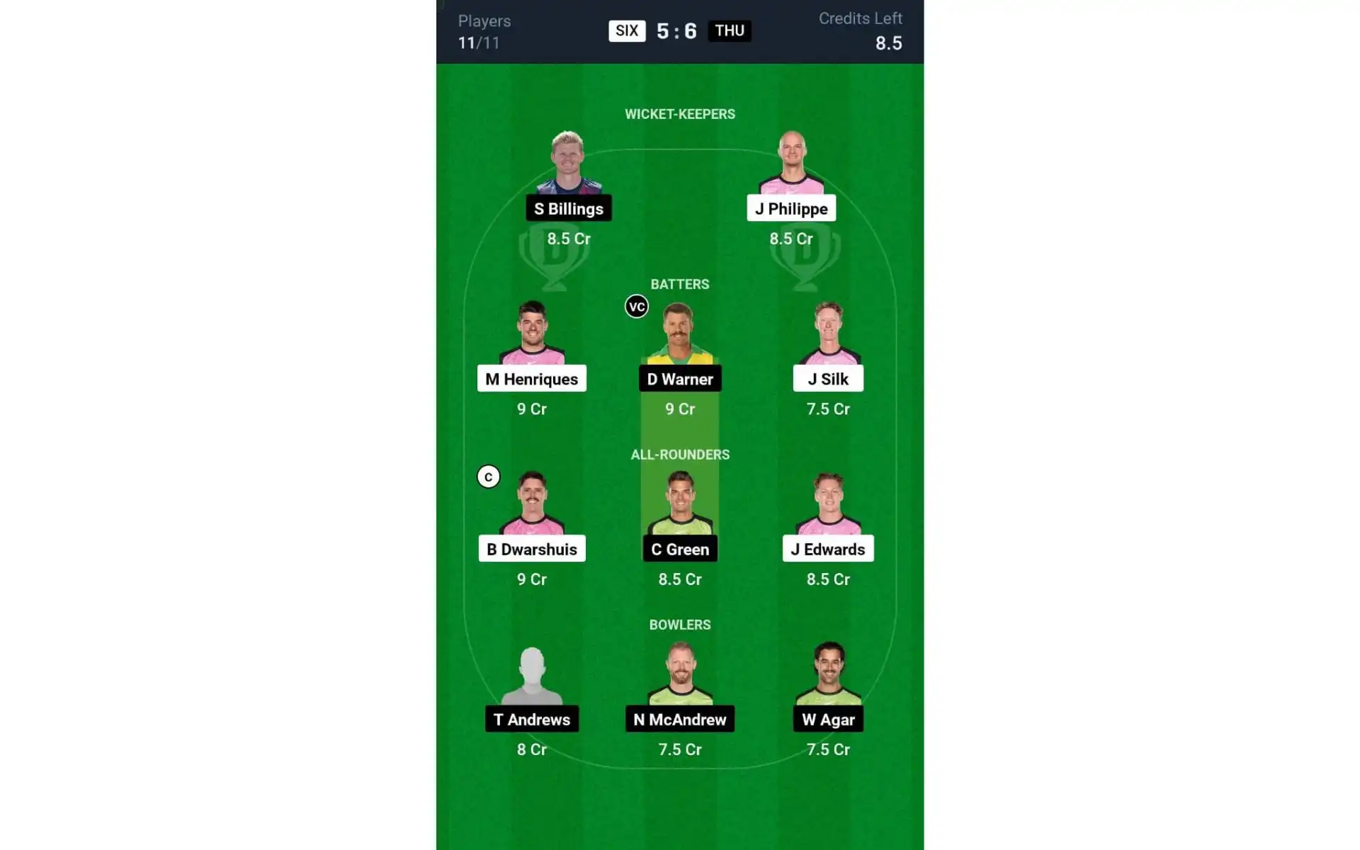 SIX vs THU, BBL 2024-25: Dream11 Team 1 [Source: @Dream11 App]