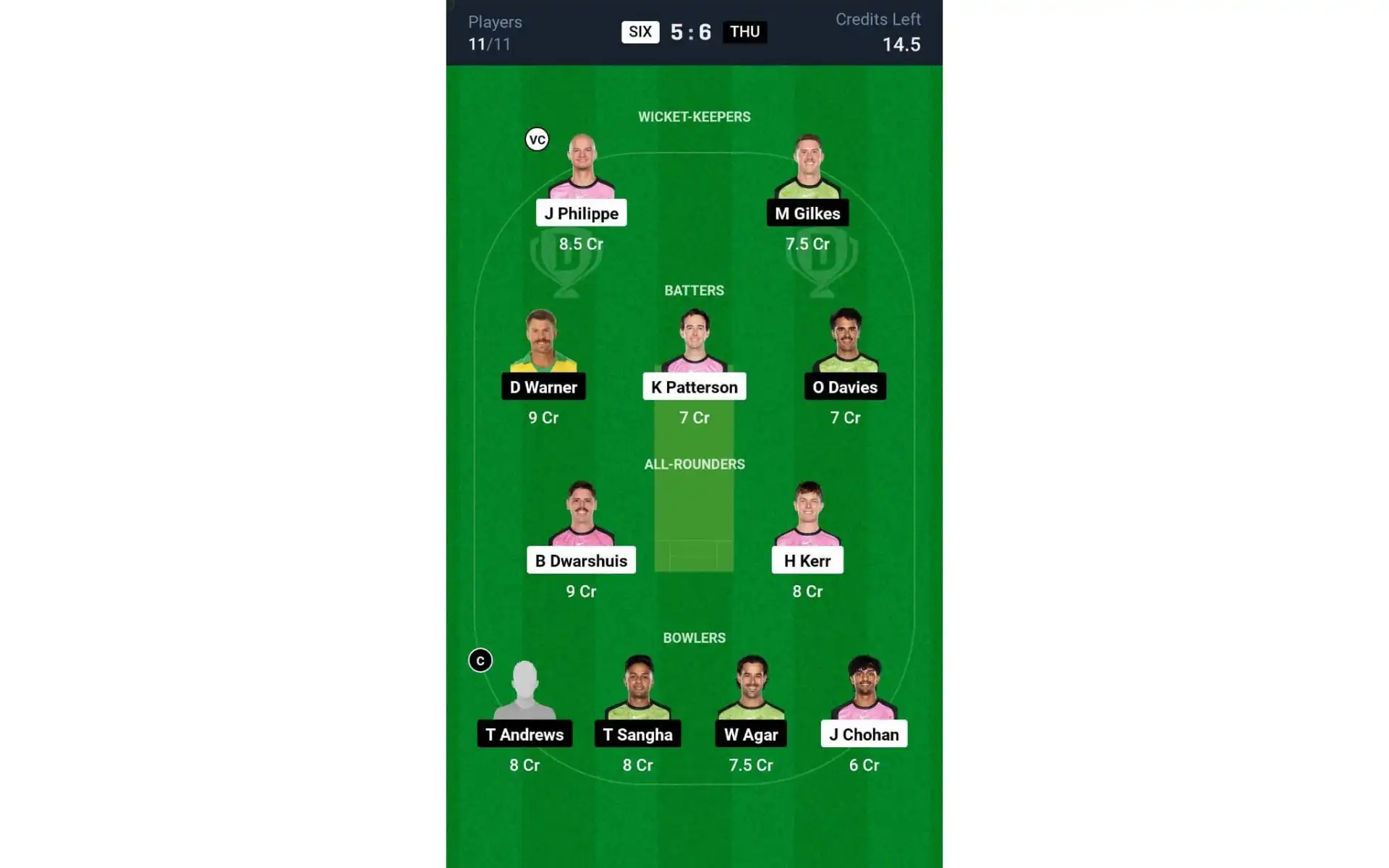 SIX vs THU, BBL 2024-25: Dream11 Team 2 [Source: @Dream11 App]