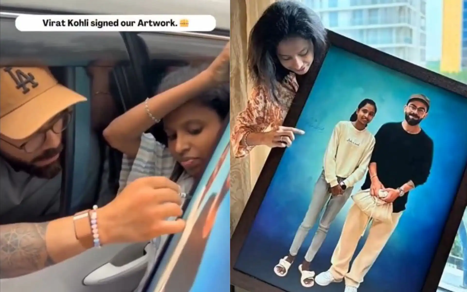 Virat Kohli signing an artwork [Source: @Trend_VKMedia/x]