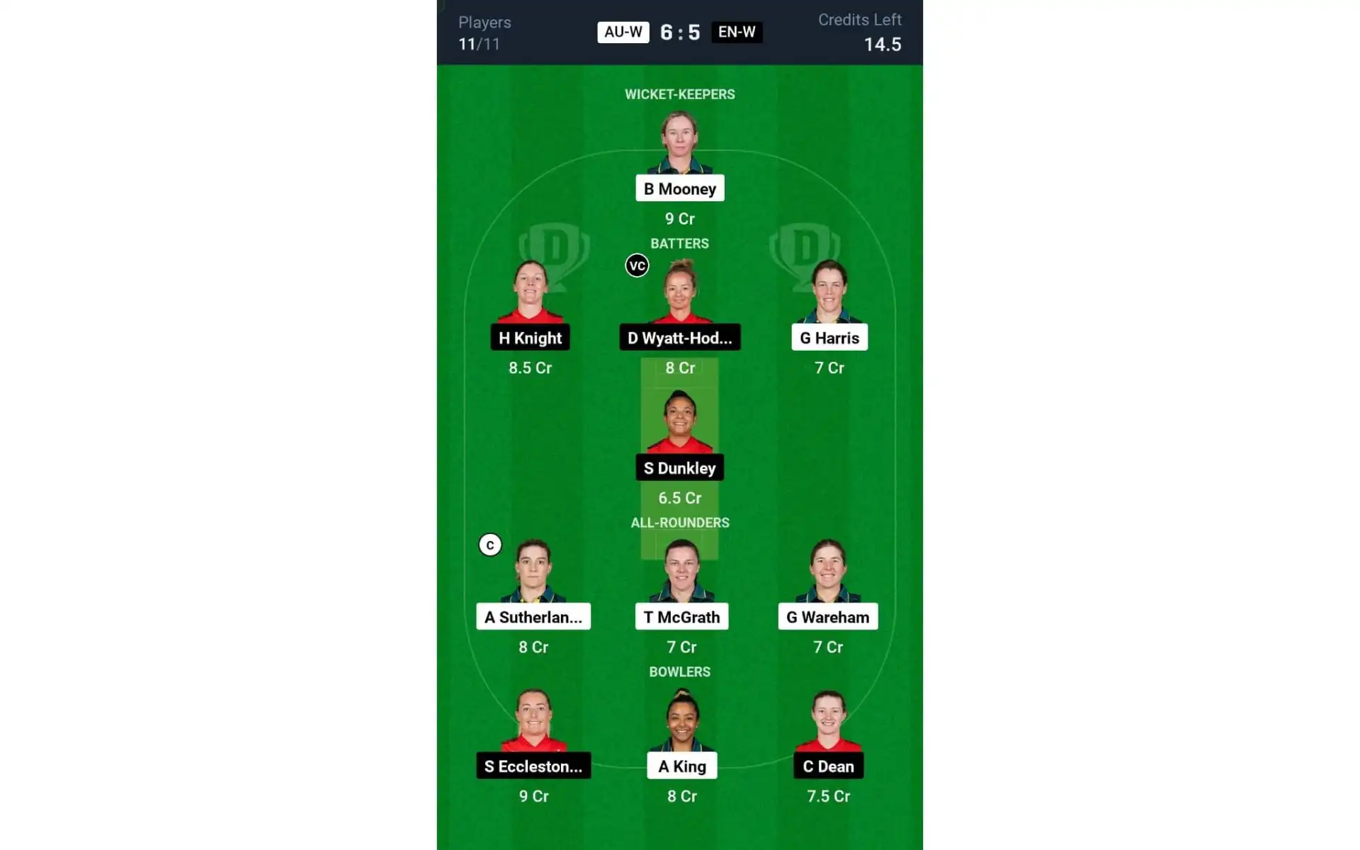 AU-W vs EN-W 3rd T20I: Dream11 Team 1 [Source: @Dream11 App]