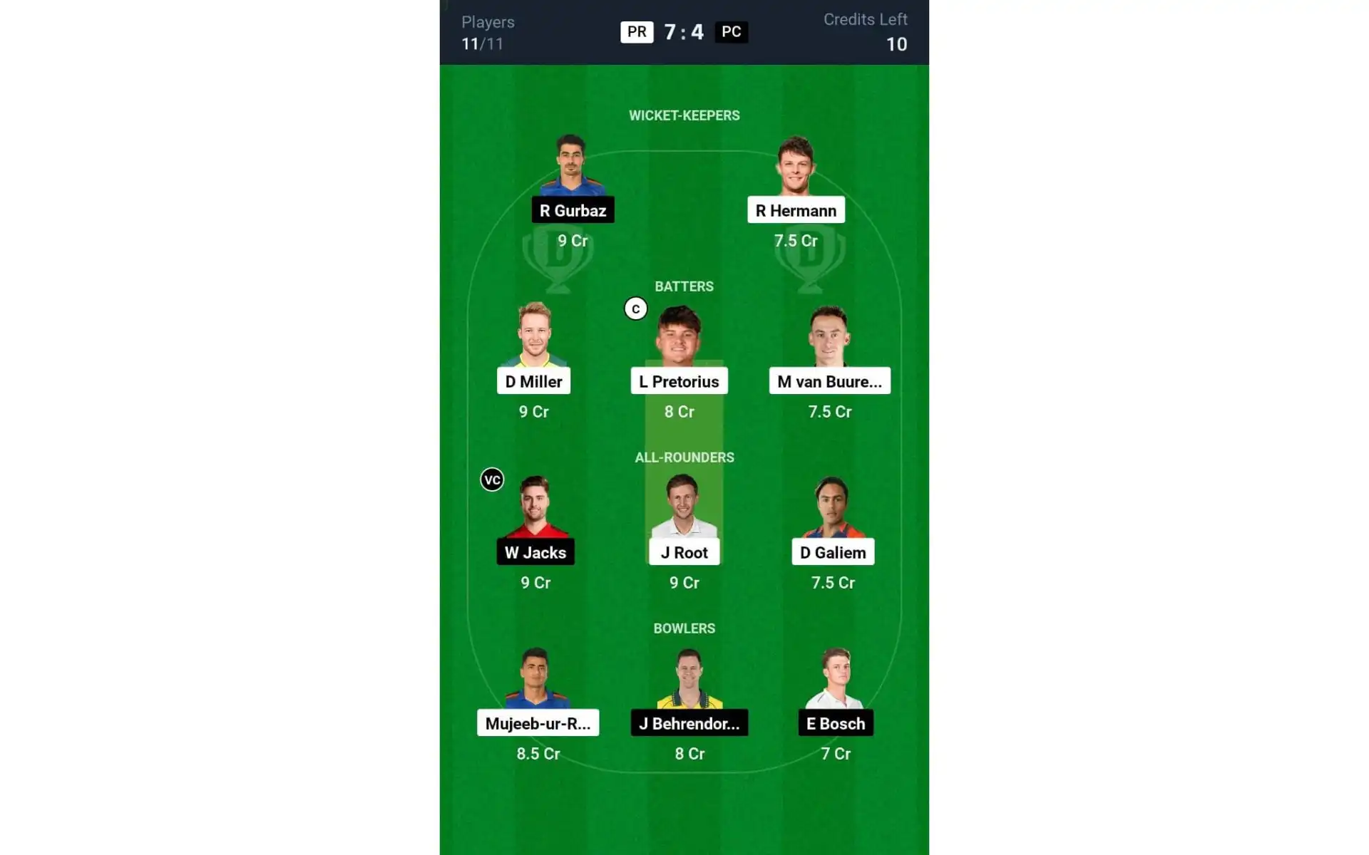 PR vs PC, SA20 2025: Dream11 Team 1 [Source: @Dream11 App]