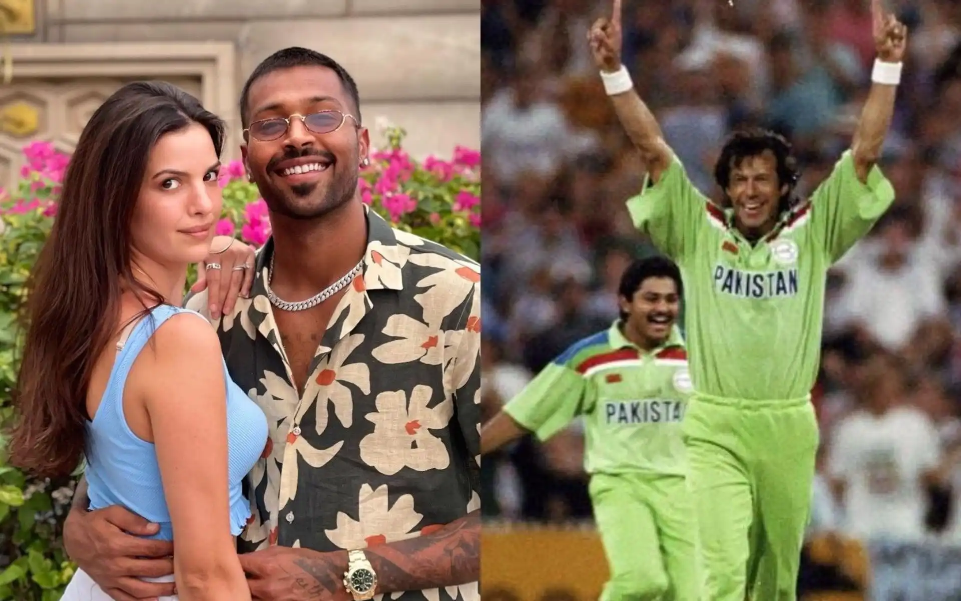Hardik Pandya with wife and Imran Khan in 1992 World Cup (Source:@GetsCinema/X.com)