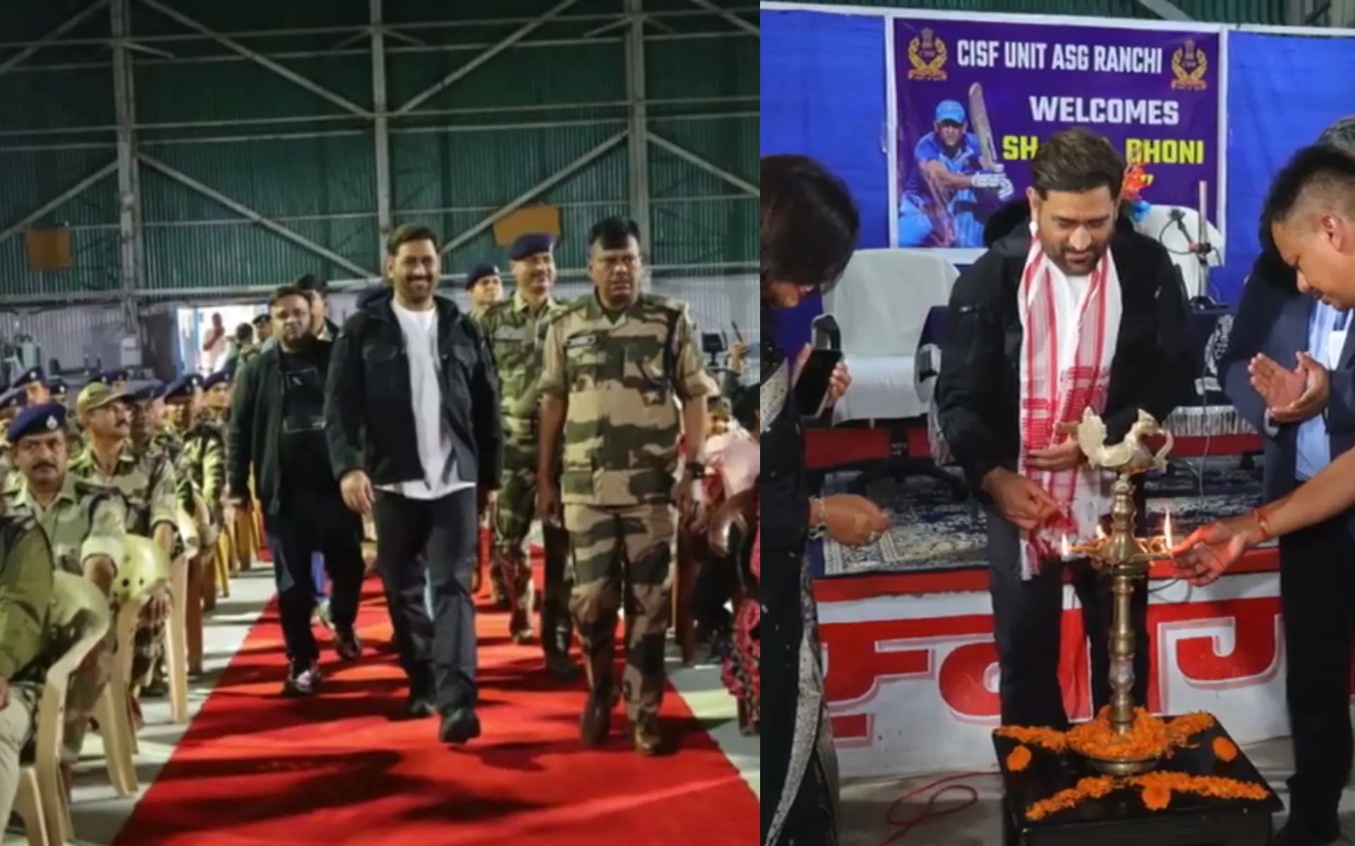 MS Dhoni inaugurates electric lamp posts in the CISF Unit Line area [Source: @CISFHQrs/X.com]