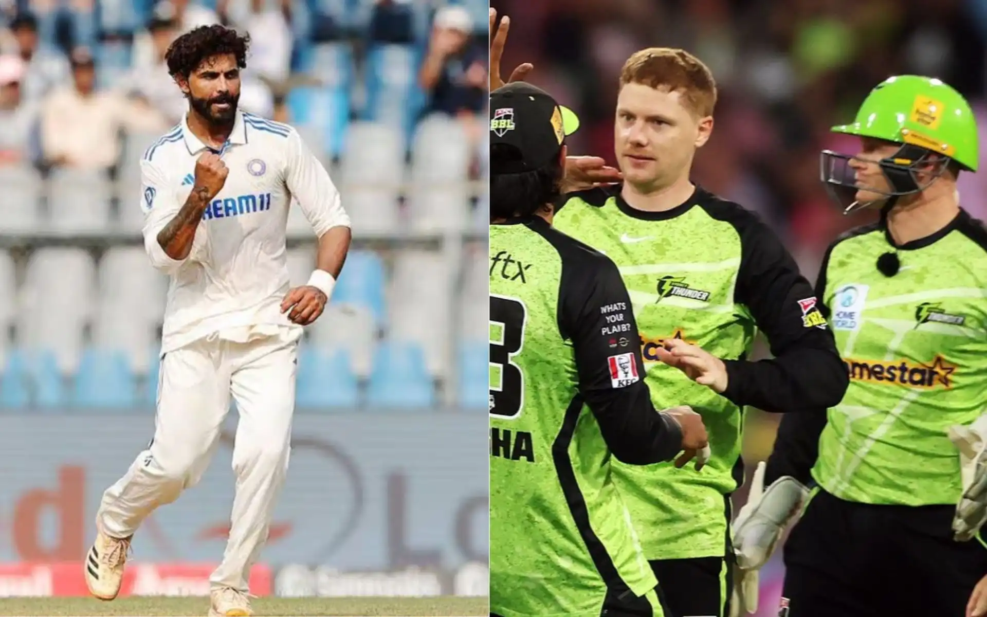 Ravindra Jadeja and Sydney Thunder players [Source:  bcci.tv, @ThunderBBL/x]