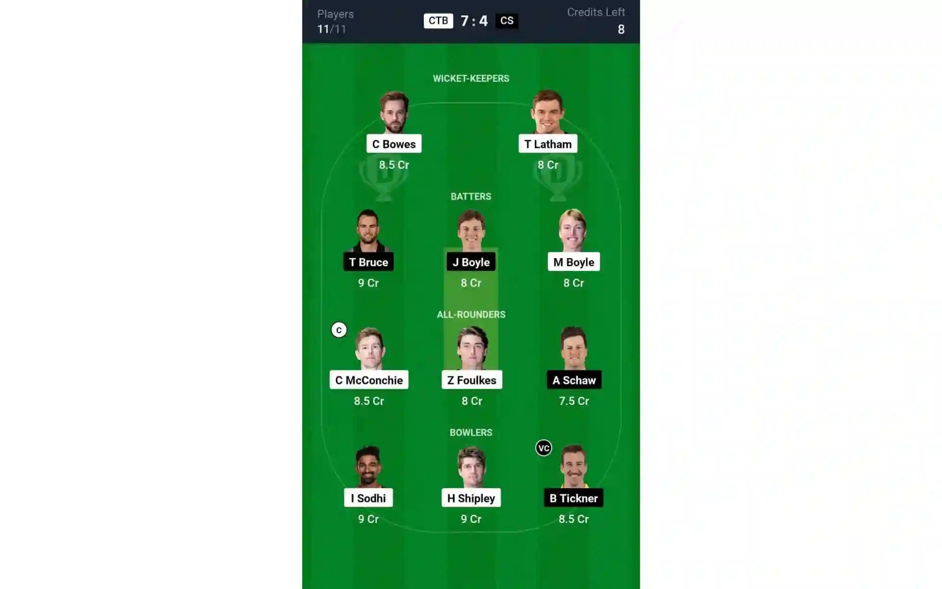 CTB vs CS, Super Smash 2024-25: Dream11 Team 1 [Source: @Dream11 App]