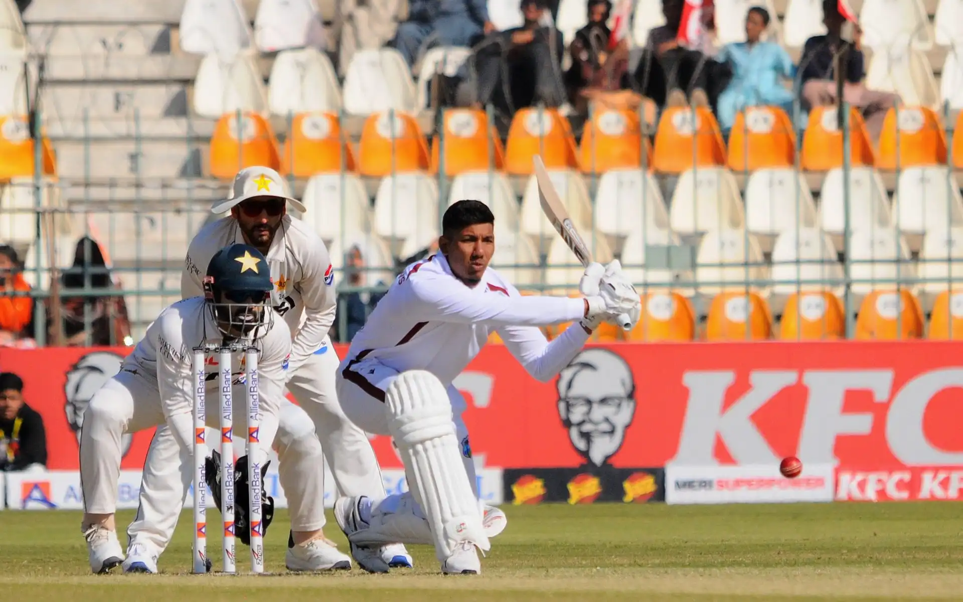 Gudakesh Motie sweeps the ball [Source: @wiplayers/x]