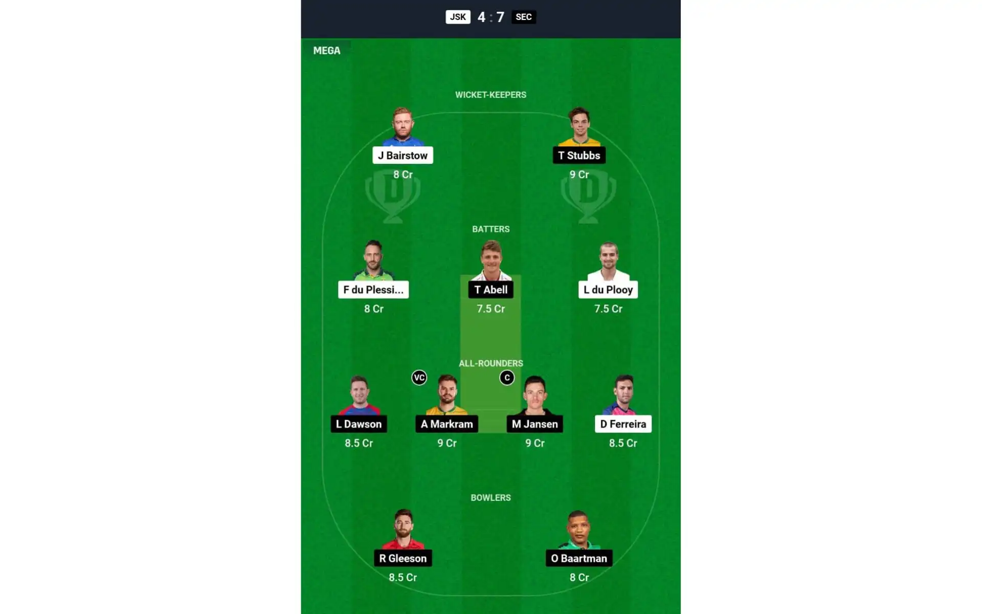 JSK vs SEC, SA20 2025: Dream11 Team 2 [Source: @Dream11 App]