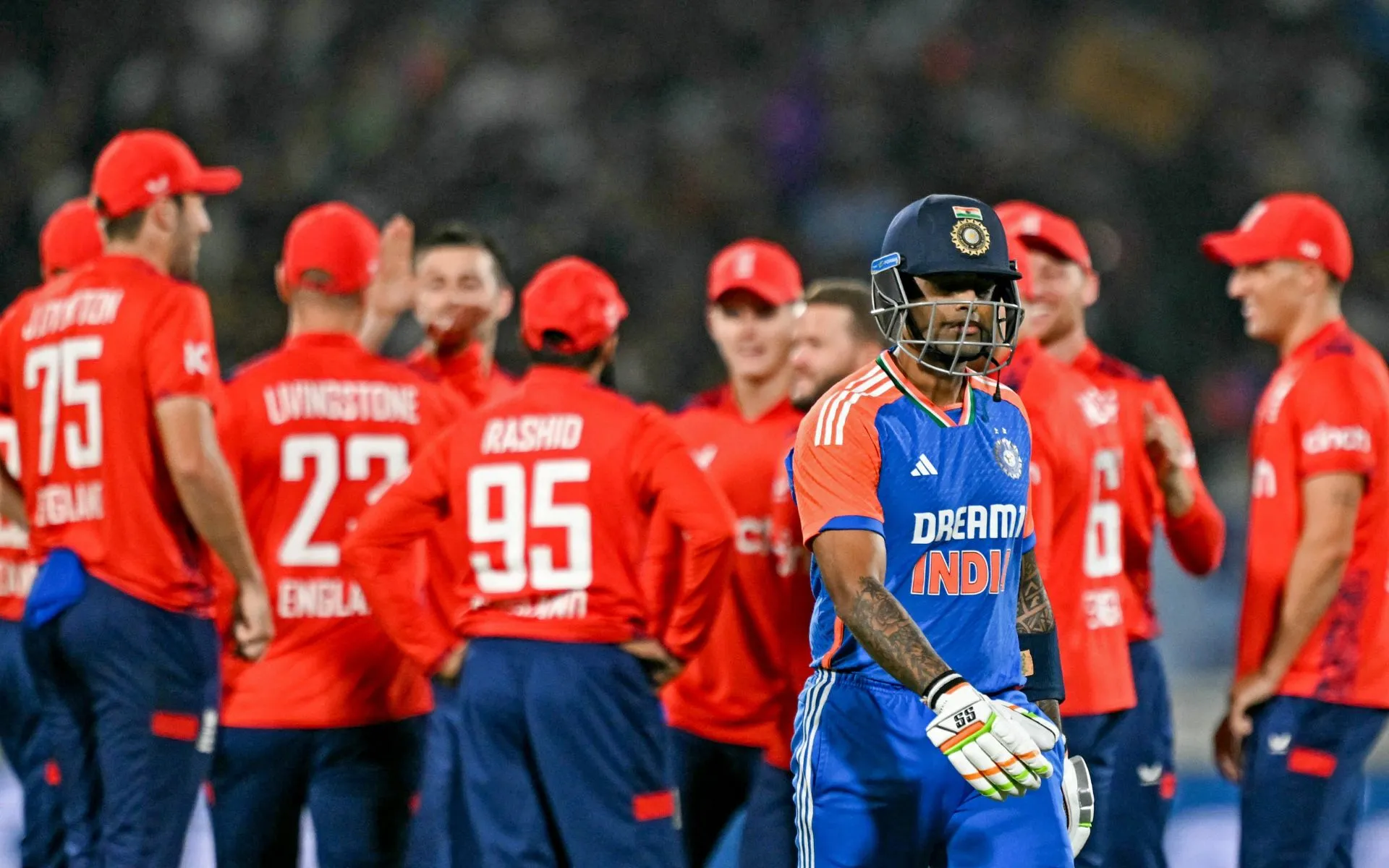 England players celebrating an Indian wicket [Source: @englandcricket/x]