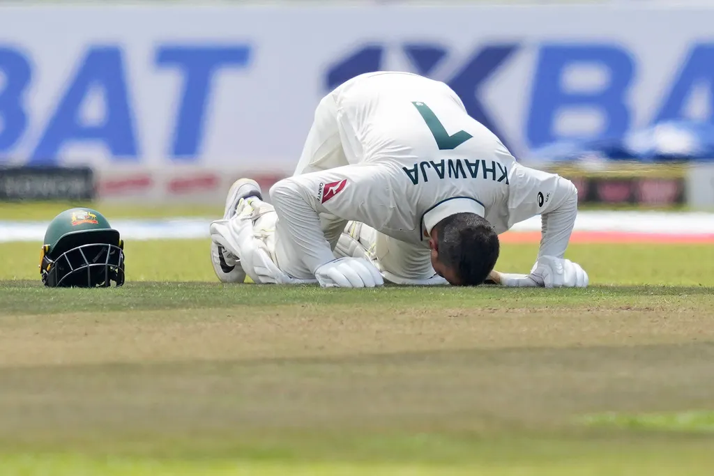 Usman Khawaja celebrating his double century at Galle (Source: AP Photos)