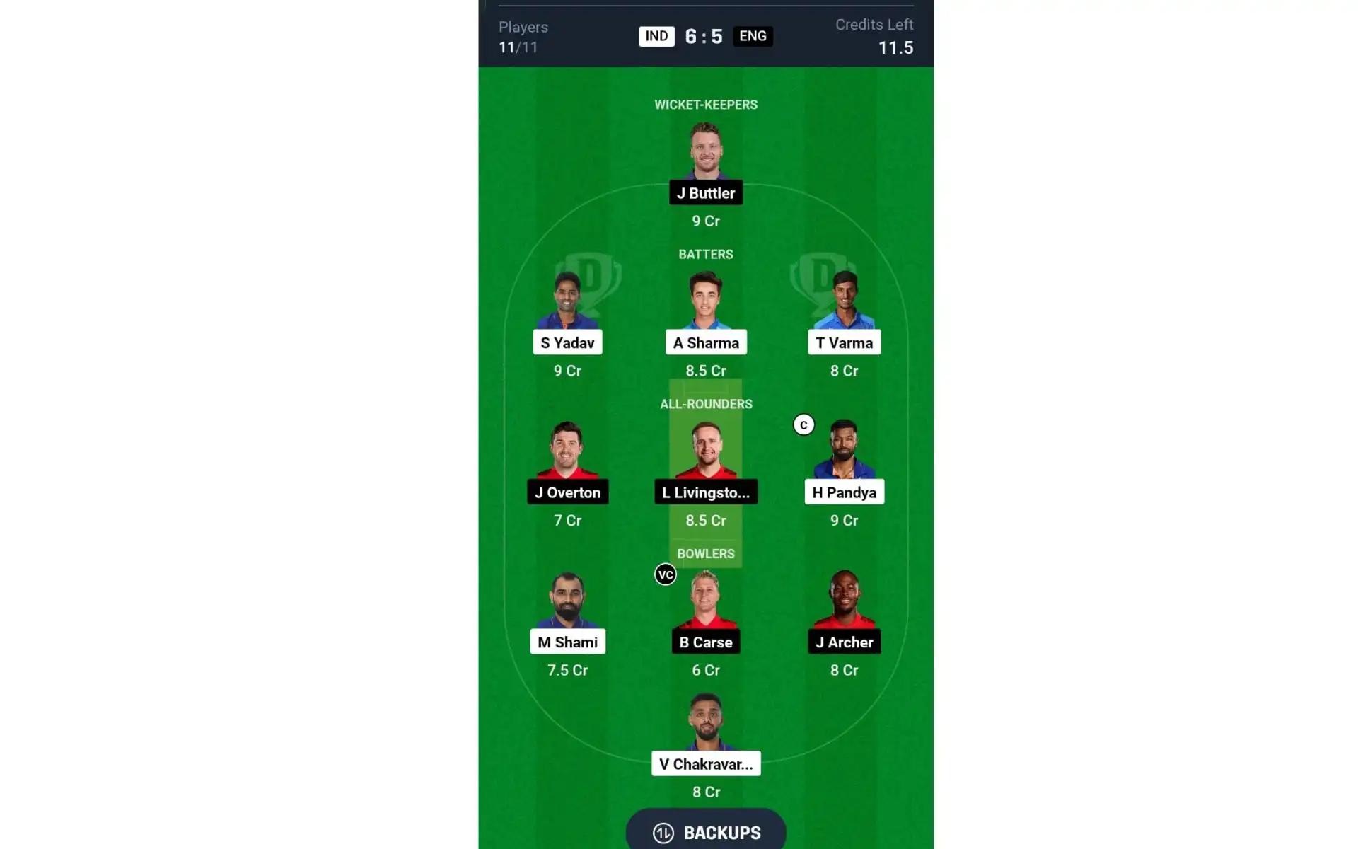 IND vs ENG, 4th T20I: Dream11 Team 1 [Source: @Dream11 App]