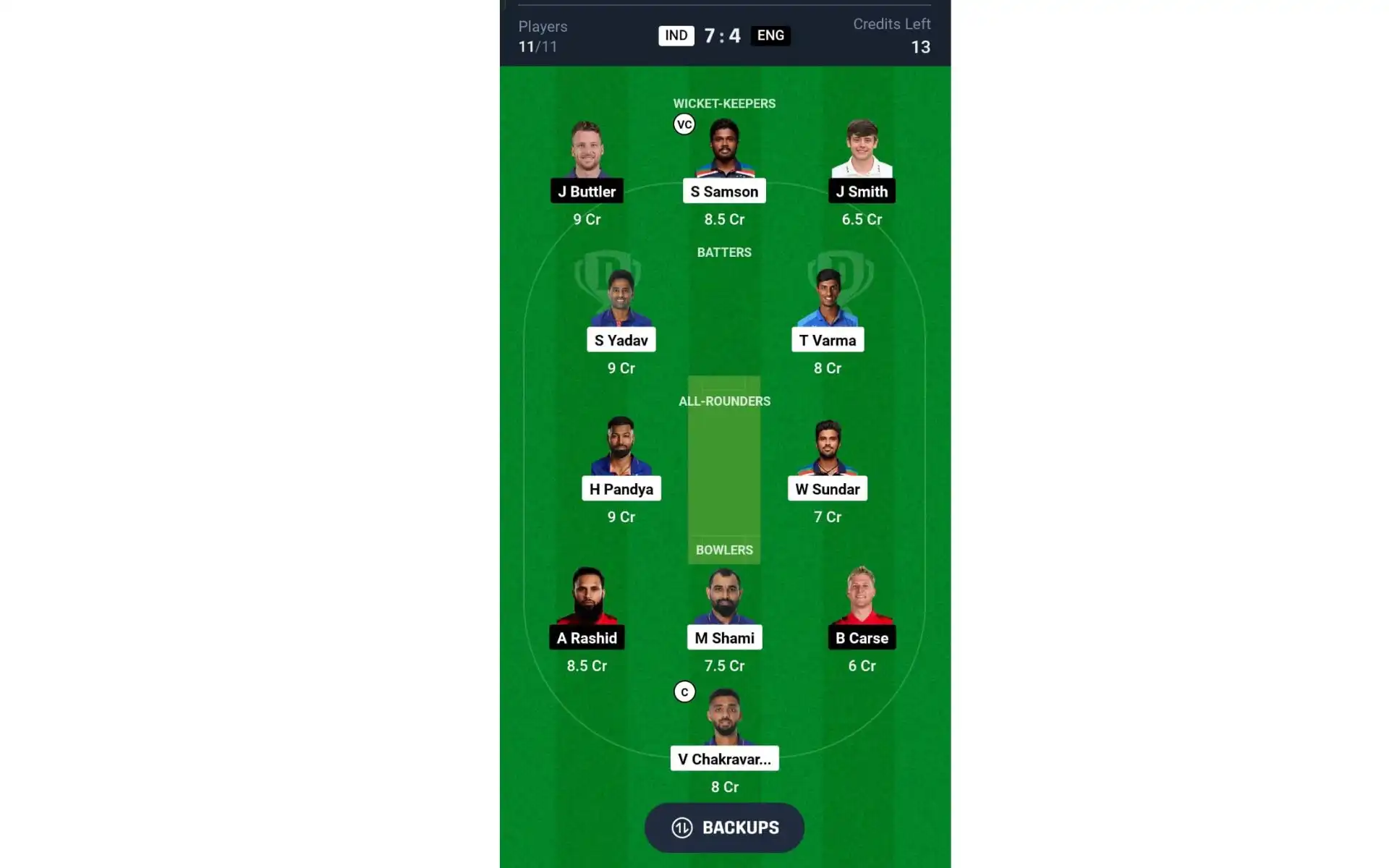 IND vs ENG, 4th T20I: Dream11 Team 1 [Source: @Dream11 App]