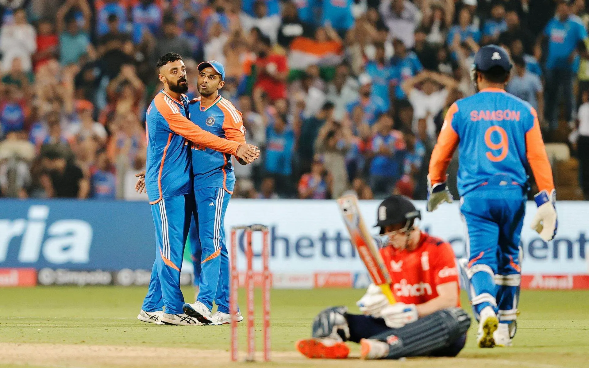 Indian players celebrating a wicket in fourth T20I [Source: @BCCI/x]