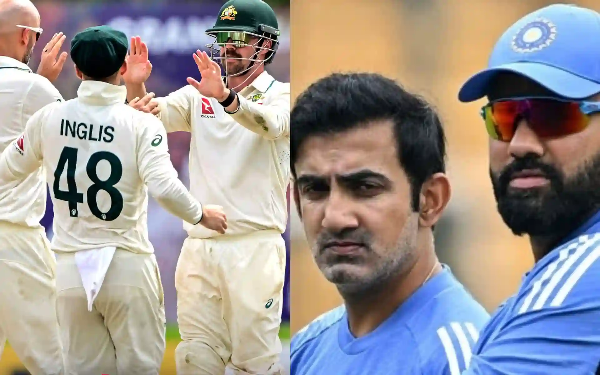 Australian players and Gautam Gambhir with Rohit Sharma [Source: @cricketcomau, @Pallavi_paul21/x]