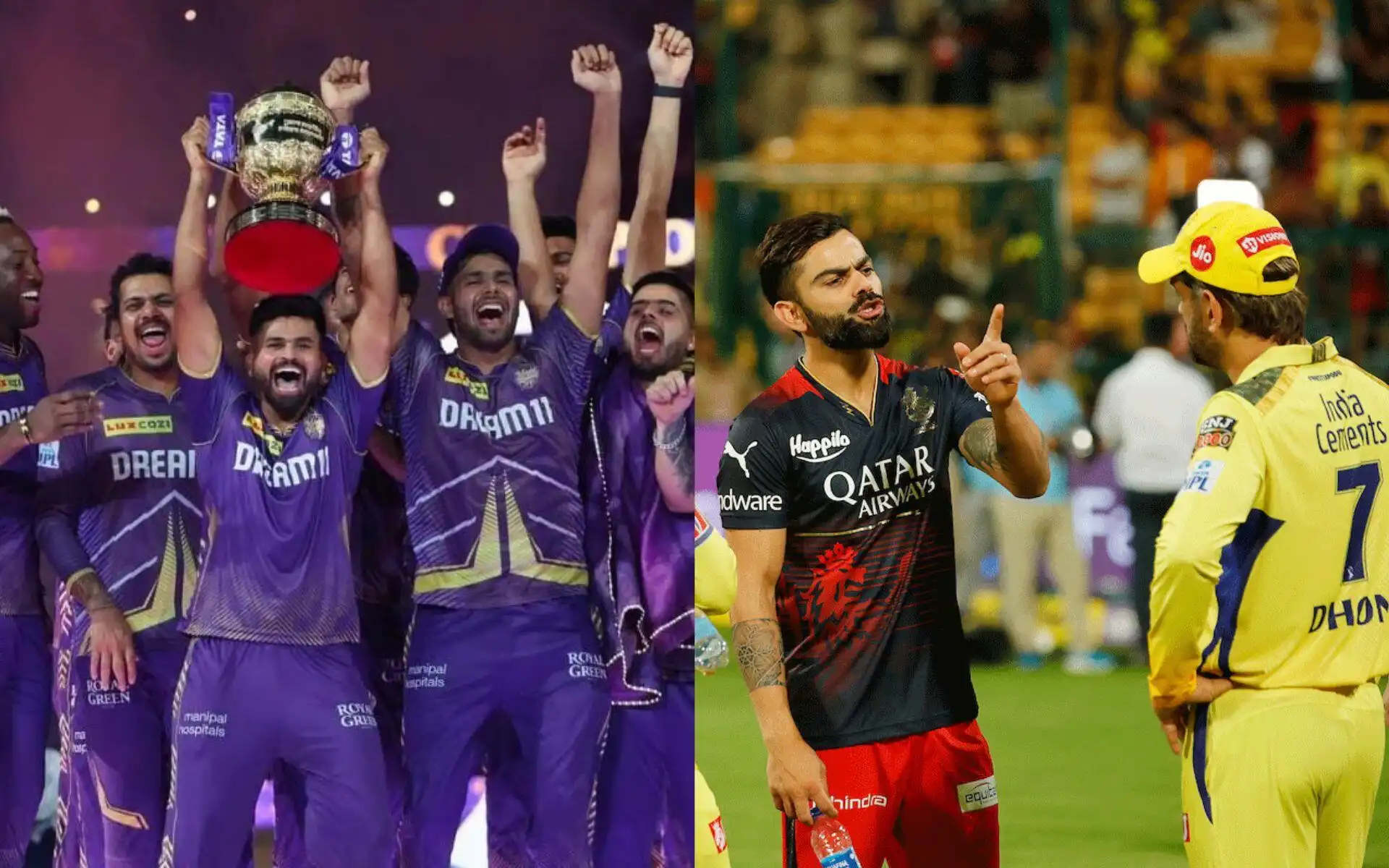 KKR with IPL 2025 title, Virat Kohli and MS Dhoni [Source: @_FaridKhan, @Rokte_Amarr_KKR/x.com]