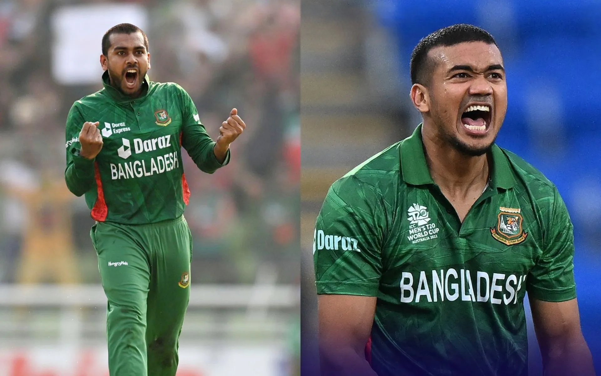 Mehidy Hasan Miraz and Taskin Ahmed (Source: @Officialmiraz/X.com, @T20WorldCup/X.com)