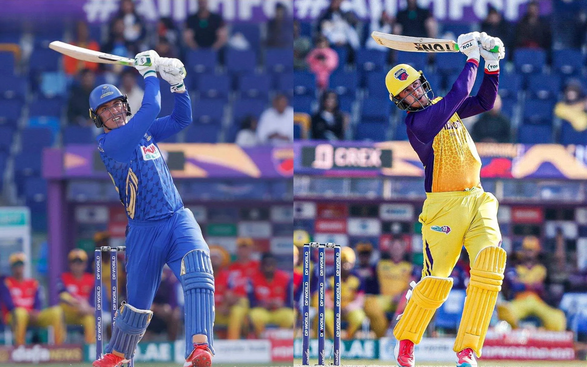 Tom Banton vs Tom Kohler-Cadmore (Source: @MIEmirates/X.com, @Sharjahwarriorz/X.com)