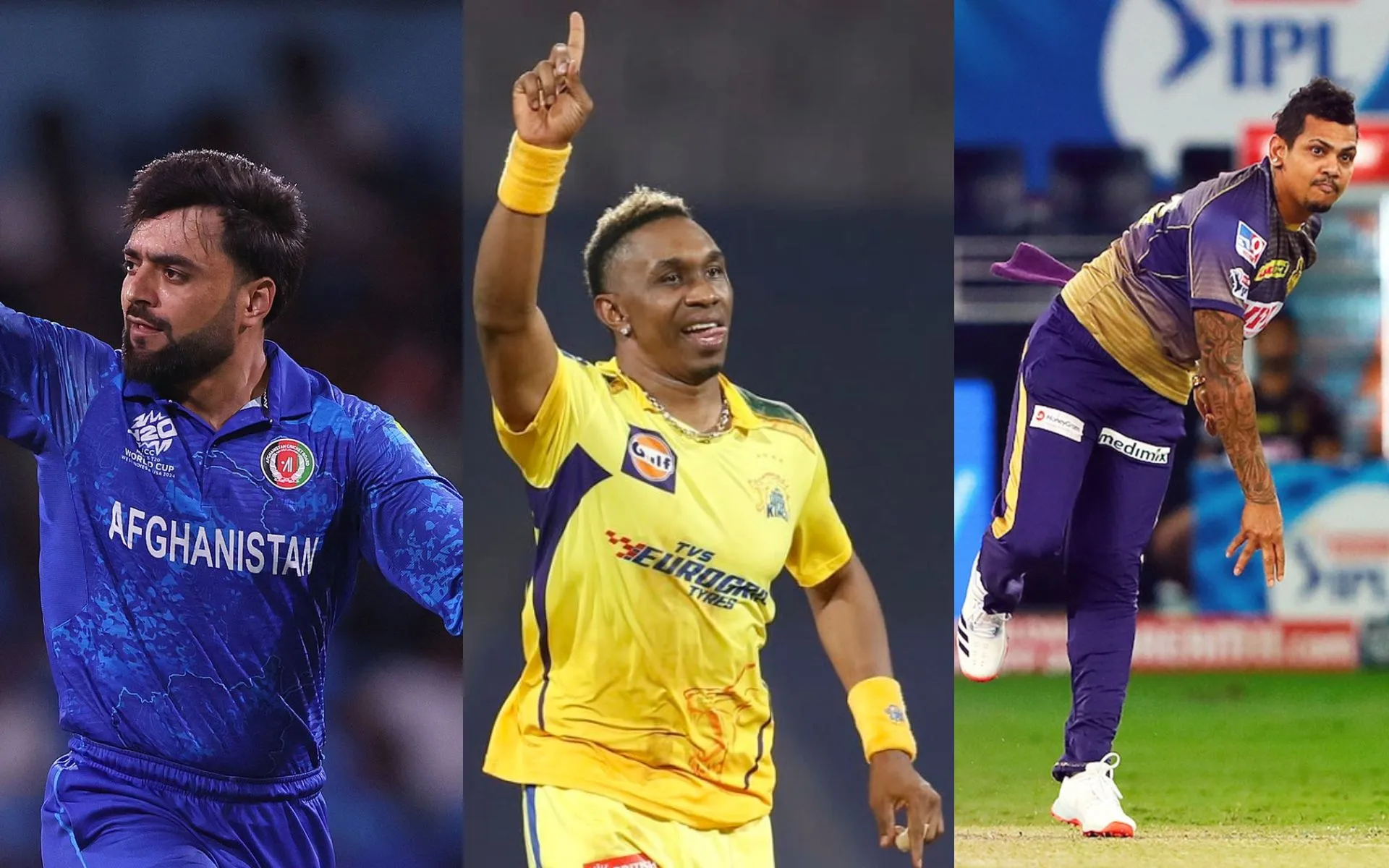 Rashid Khan, Dwayne Bravo and Sunil Narine (Source: @CricCrazyJohns/X.com, @IPL/X.com, @KKRiders/X.com)