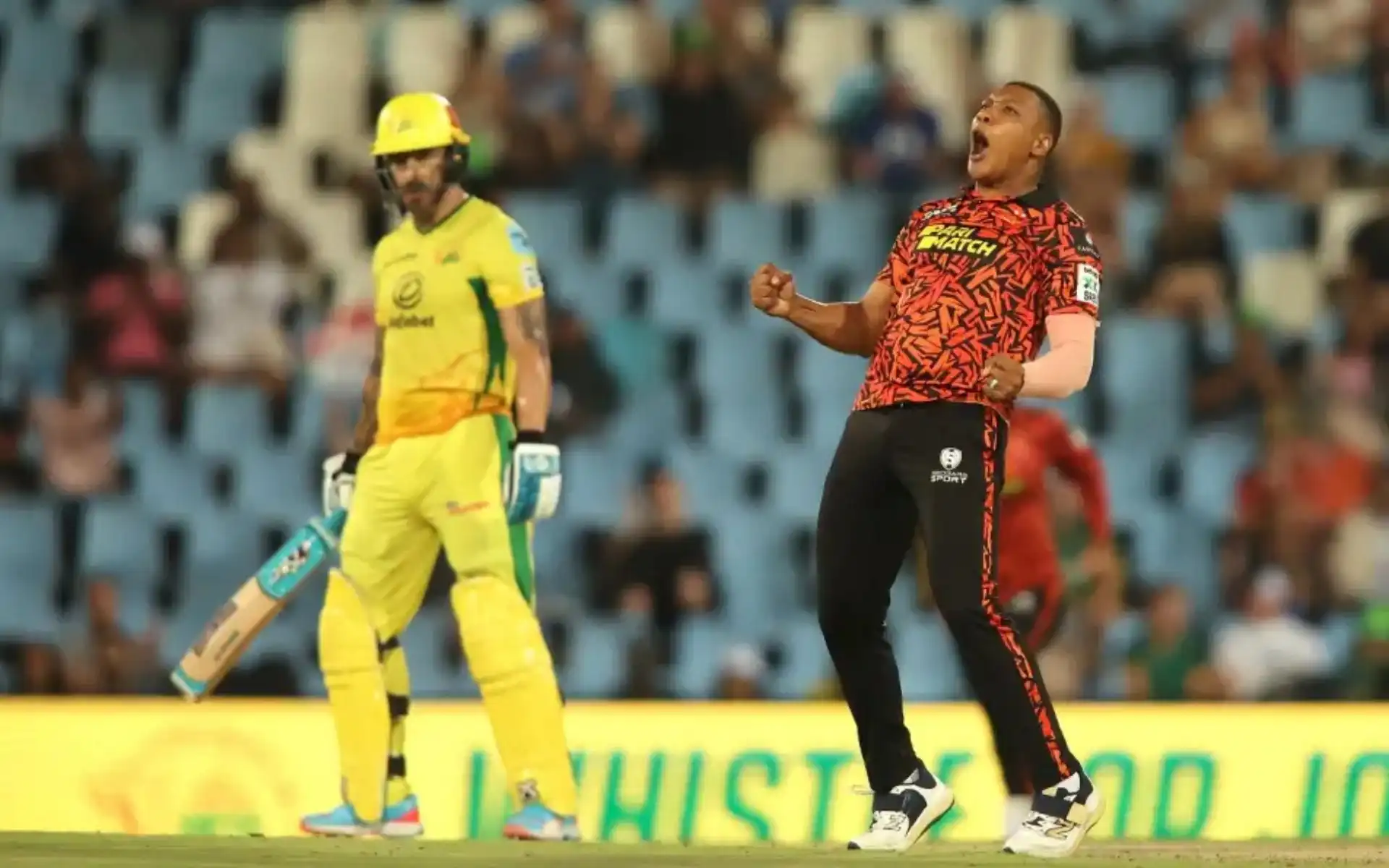 Ottneil Baartman celebrating a wicket in SA20. (Source: SA20/X.COM)
