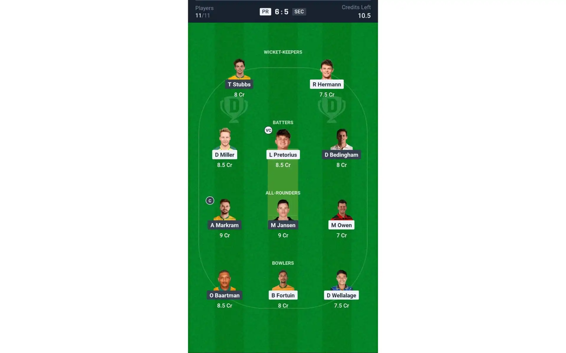 PR vs SEC, Dream11 Team 1 [Source: @Dream11 App]