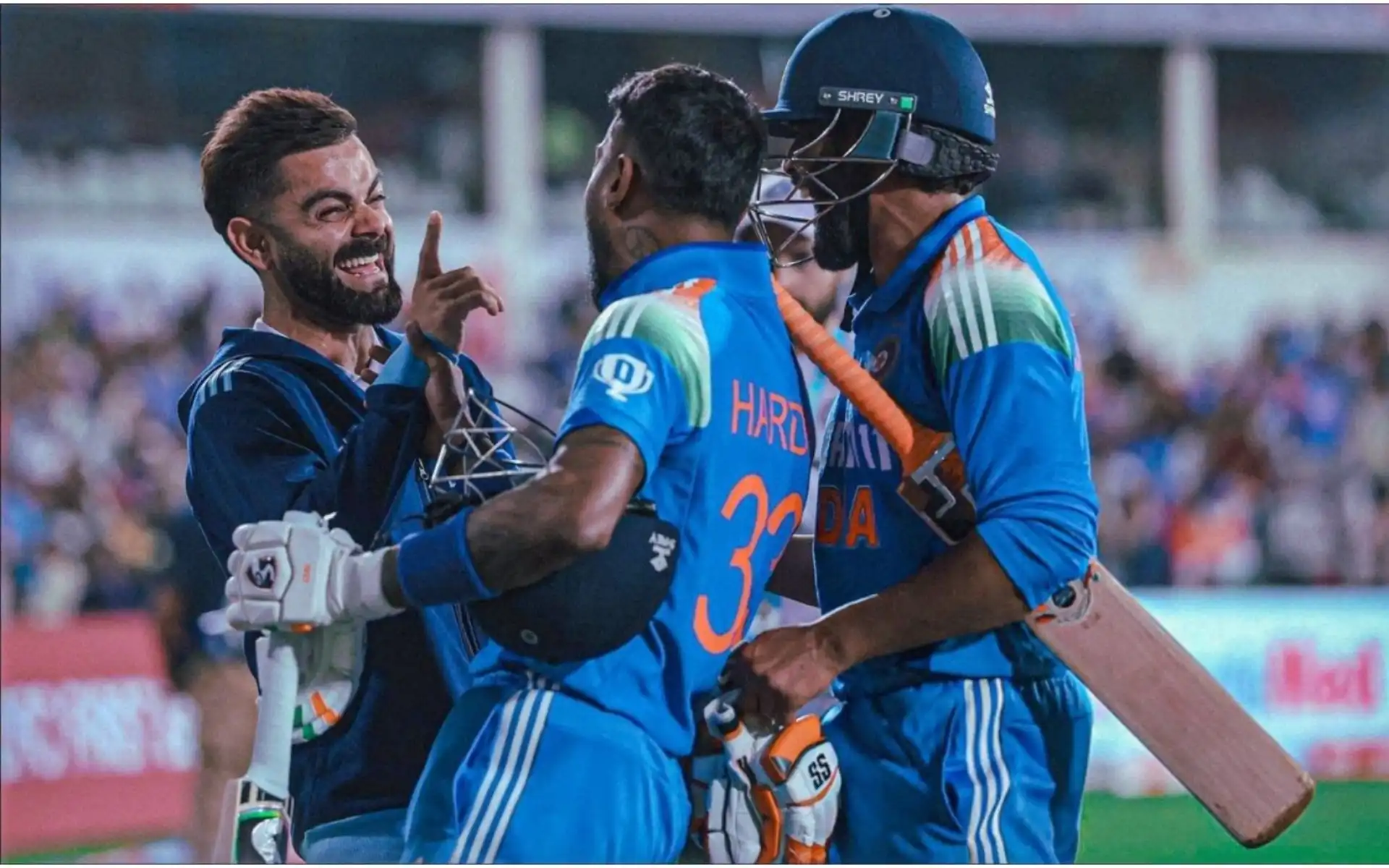 Ravindra Jadeja, Hardik Pandya and Virat Kohli [Source: @CricCrazyJohns/x]