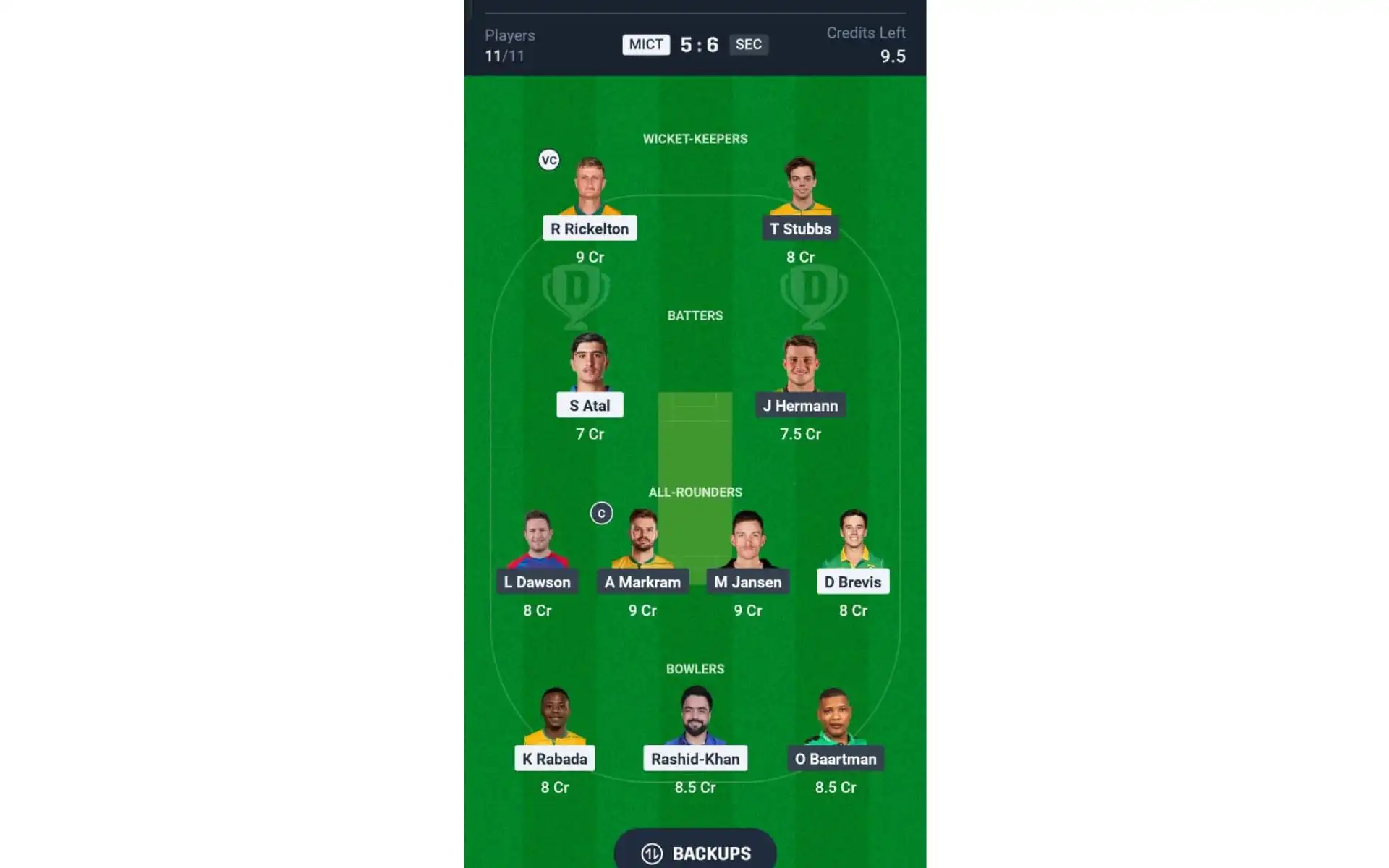 MICT vs SEC, SA20 Final: Dream11 Team 1 [Source: @Dream11 App]
