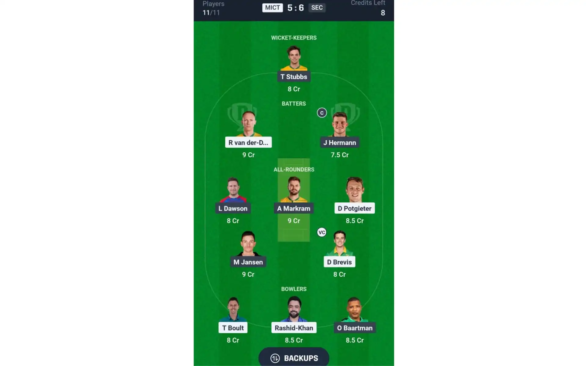 MICT vs SEC, SA20 Final: Dream11 Team 2 [Source: @Dream11 App]