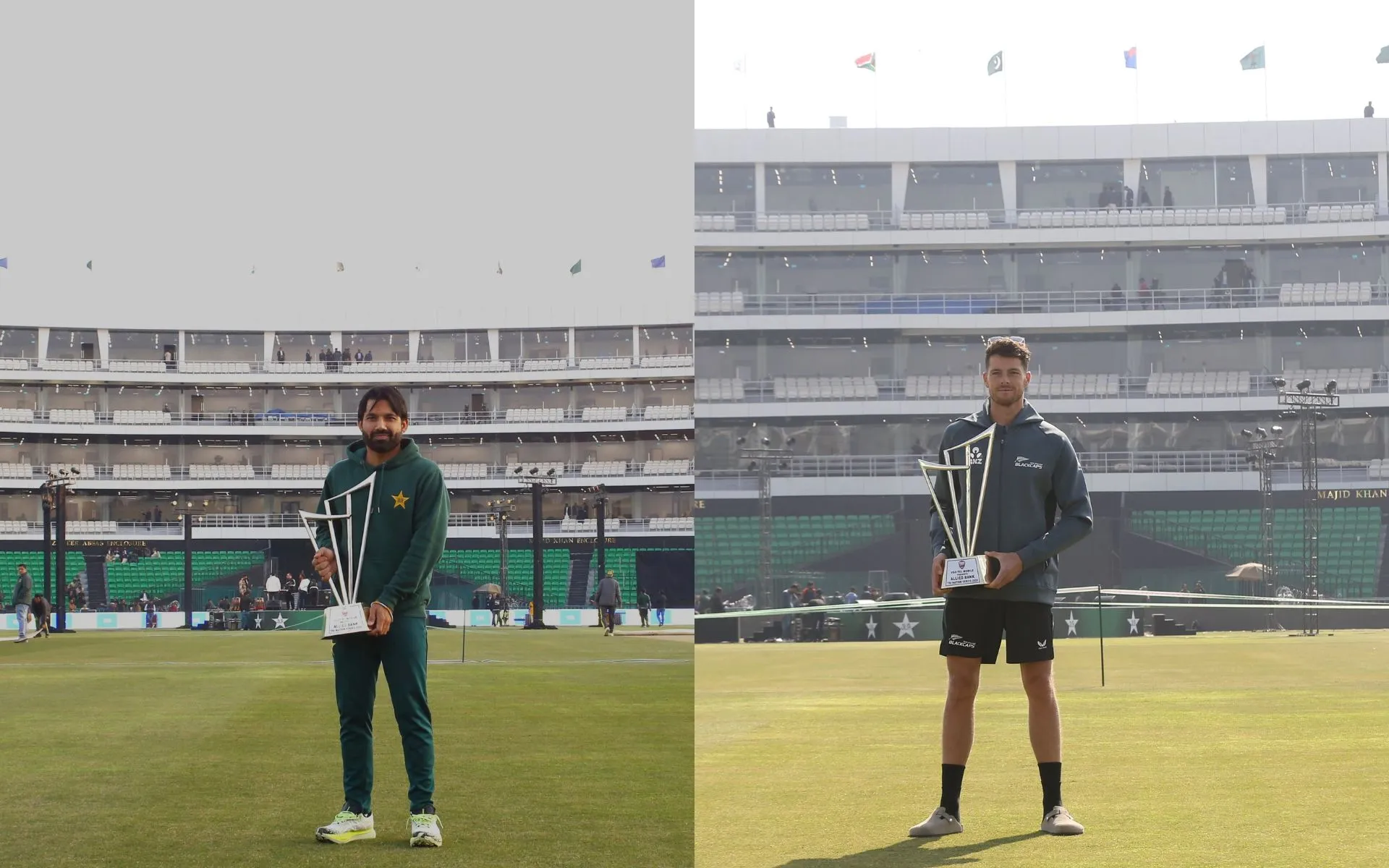 Mohammad Rizwan and Mitchell Santner with the trophy [Source: @TheRealPCB/x.com]