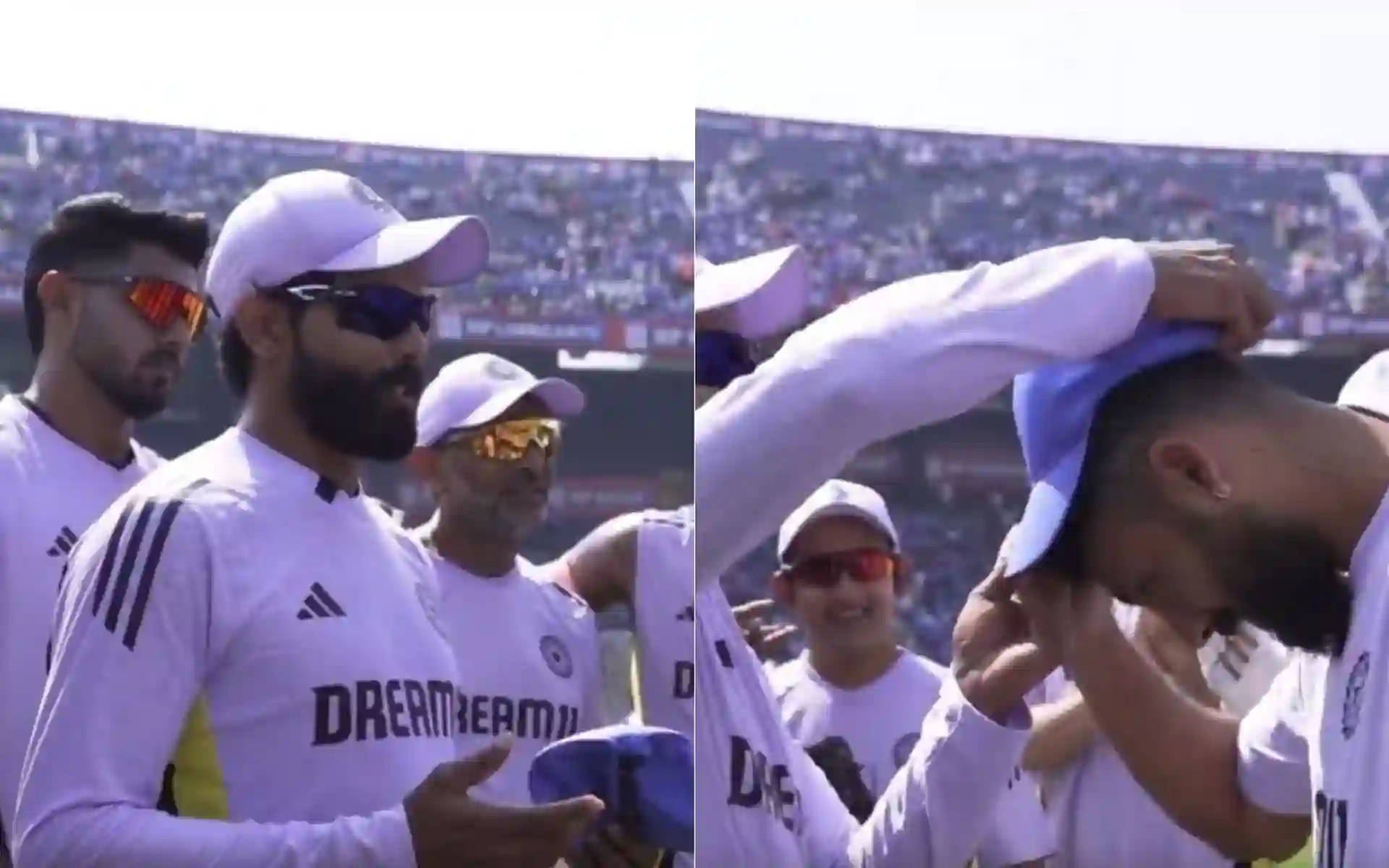 Ravindra Jadeja handing out ODI cap to Varun Chakravarthy [Source: @BCCI/x]