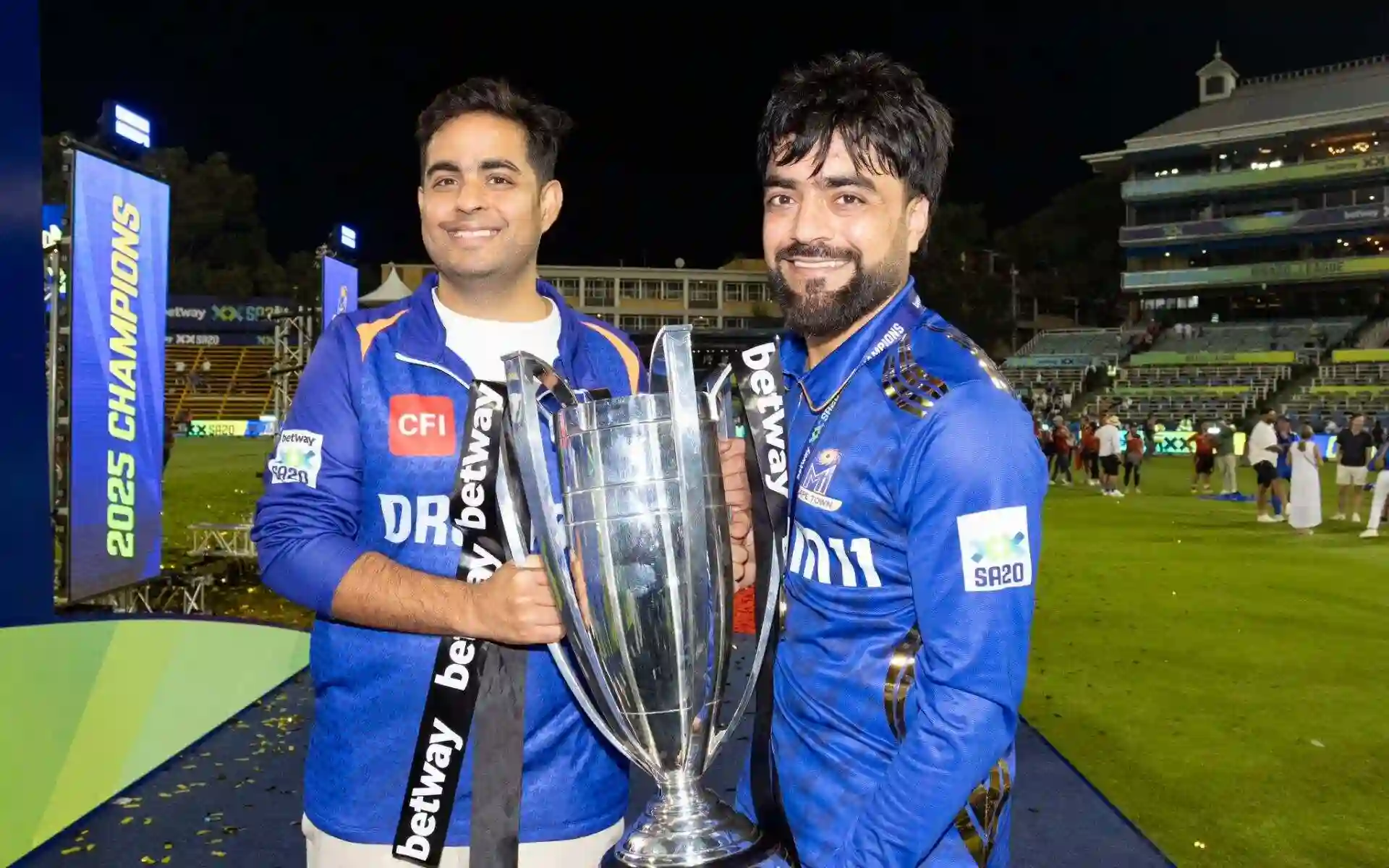 MI Cape Town Skipper Rashid Khan Celebrates With Akash Ambani After Winning SA20 2025 Title