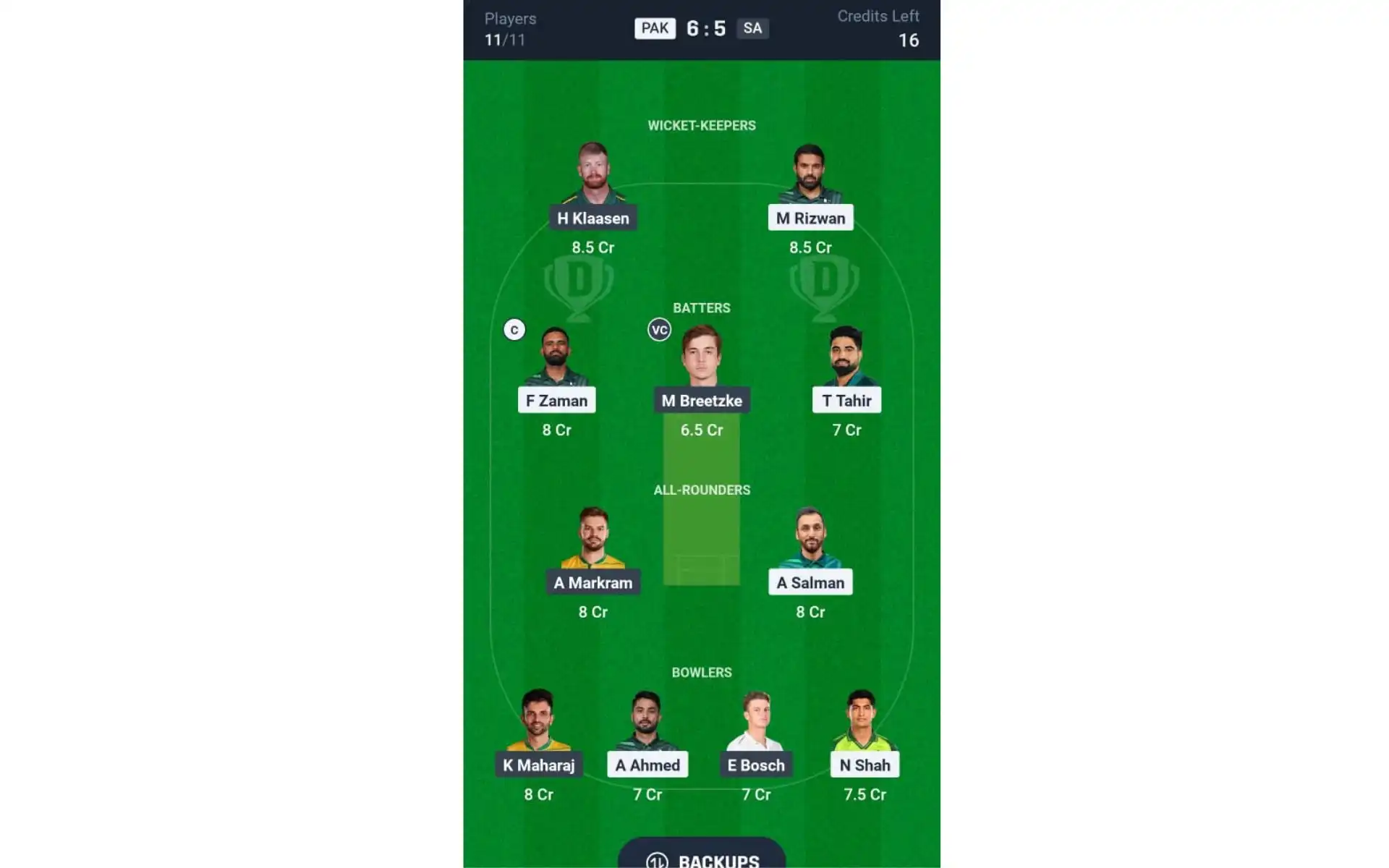 PAK vs SA, ODI Tri Series: Dream11 Team1 [Source: @Dream11 App]