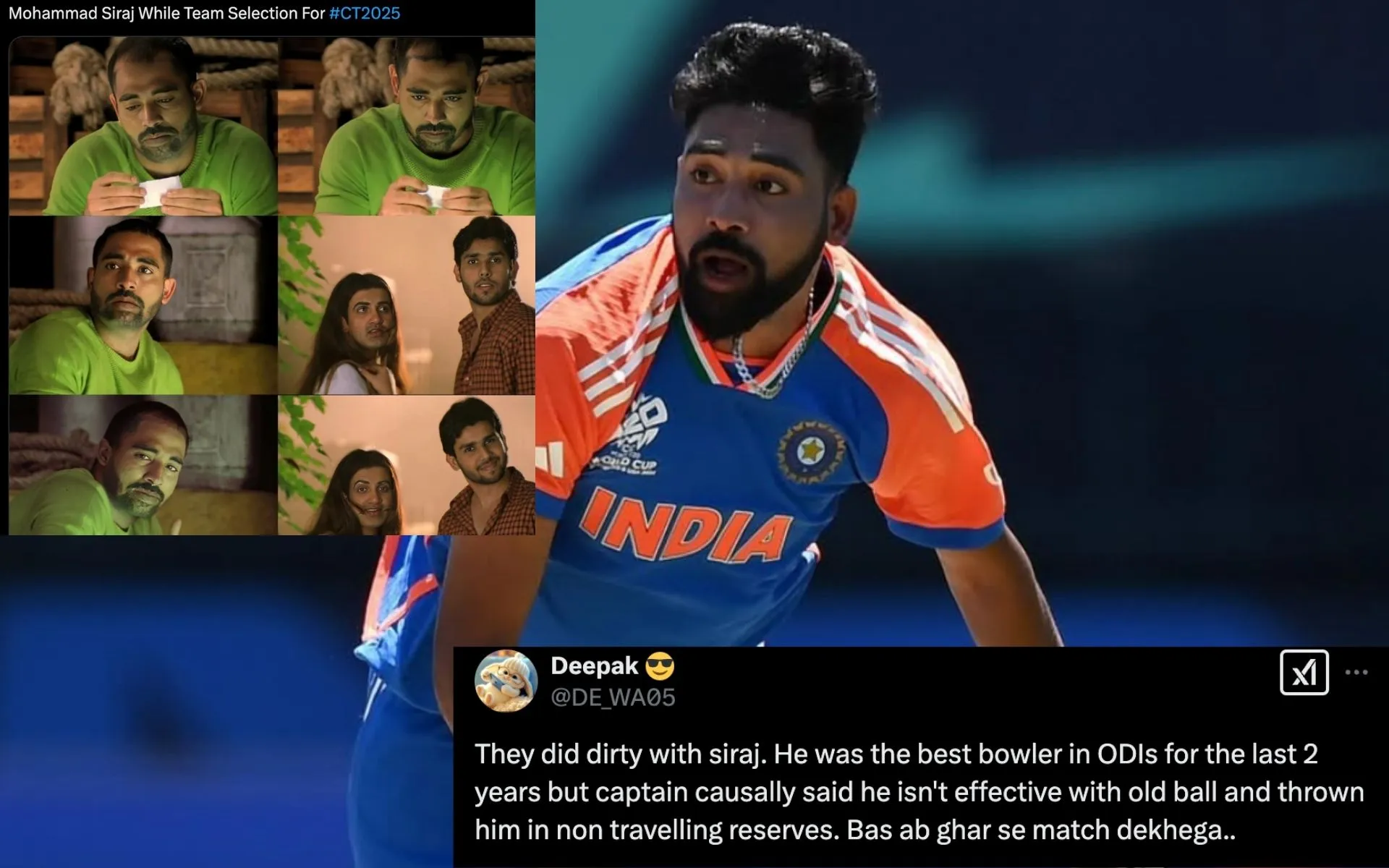 Fans support Mohammad Siraj after Champions Trophy snub [Source: @mohammedsirajofficial/Instagram, @@memes_hallabol, @DE_WA05/X.com]