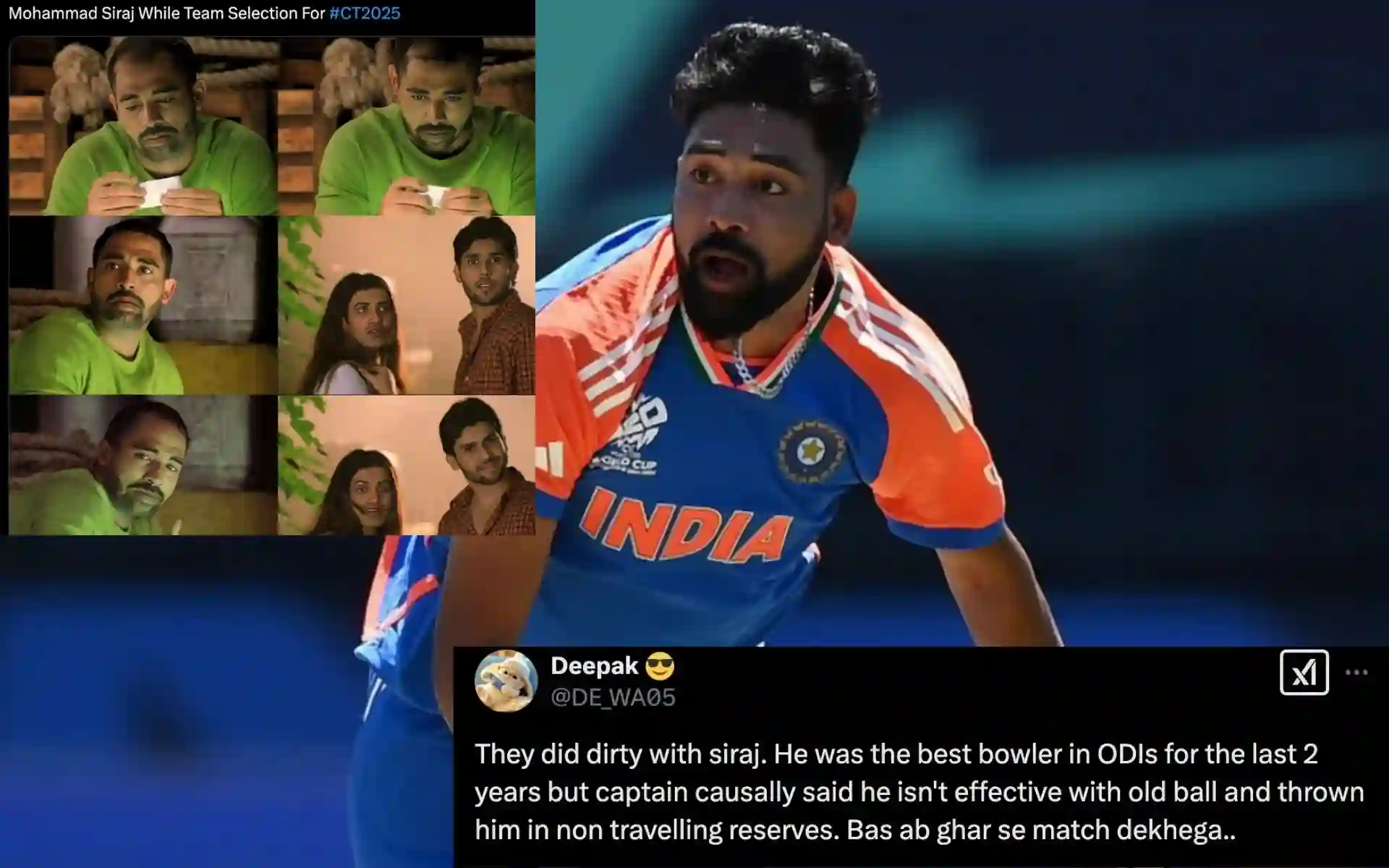 Fans support Mohammad Siraj after Champions Trophy snub [Source: @mohammedsirajofficial/Instagram, @@memes_hallabol, @DE_WA05/X.com]