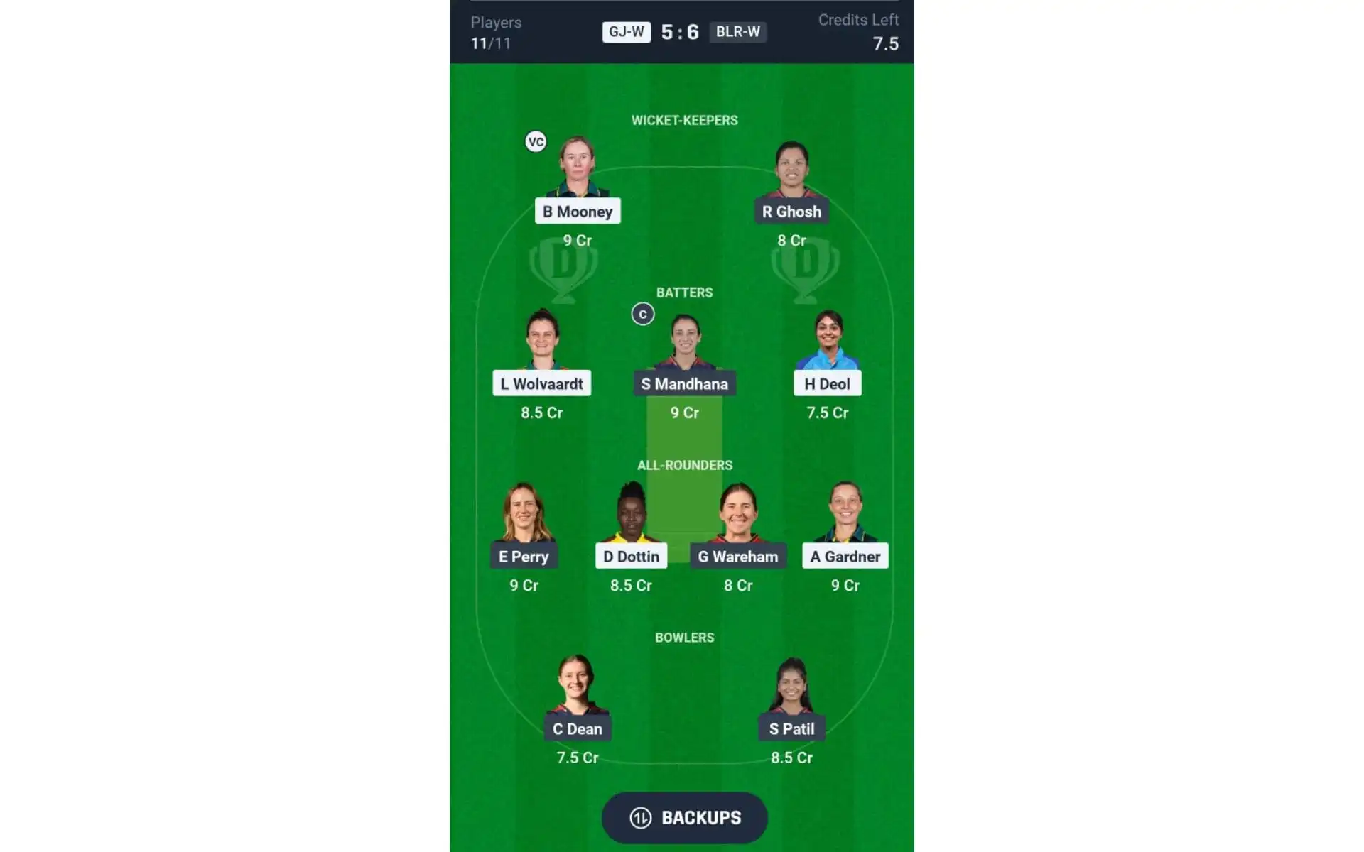 GJ-W v BLR-W, WPL Match 1: Dream11 Team 1 [Source: @Dream11 App]