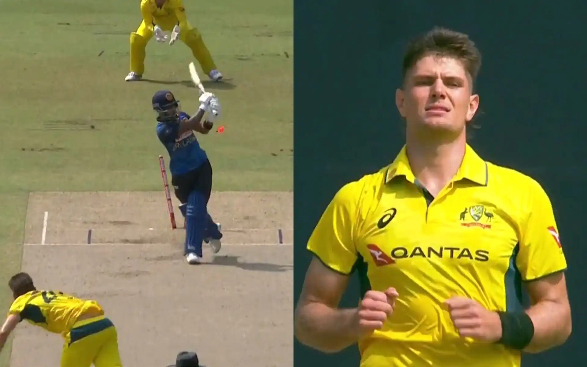 Aaron Hardie baffles Pathum Nissanka [Source: @7Cricket/X.com]
